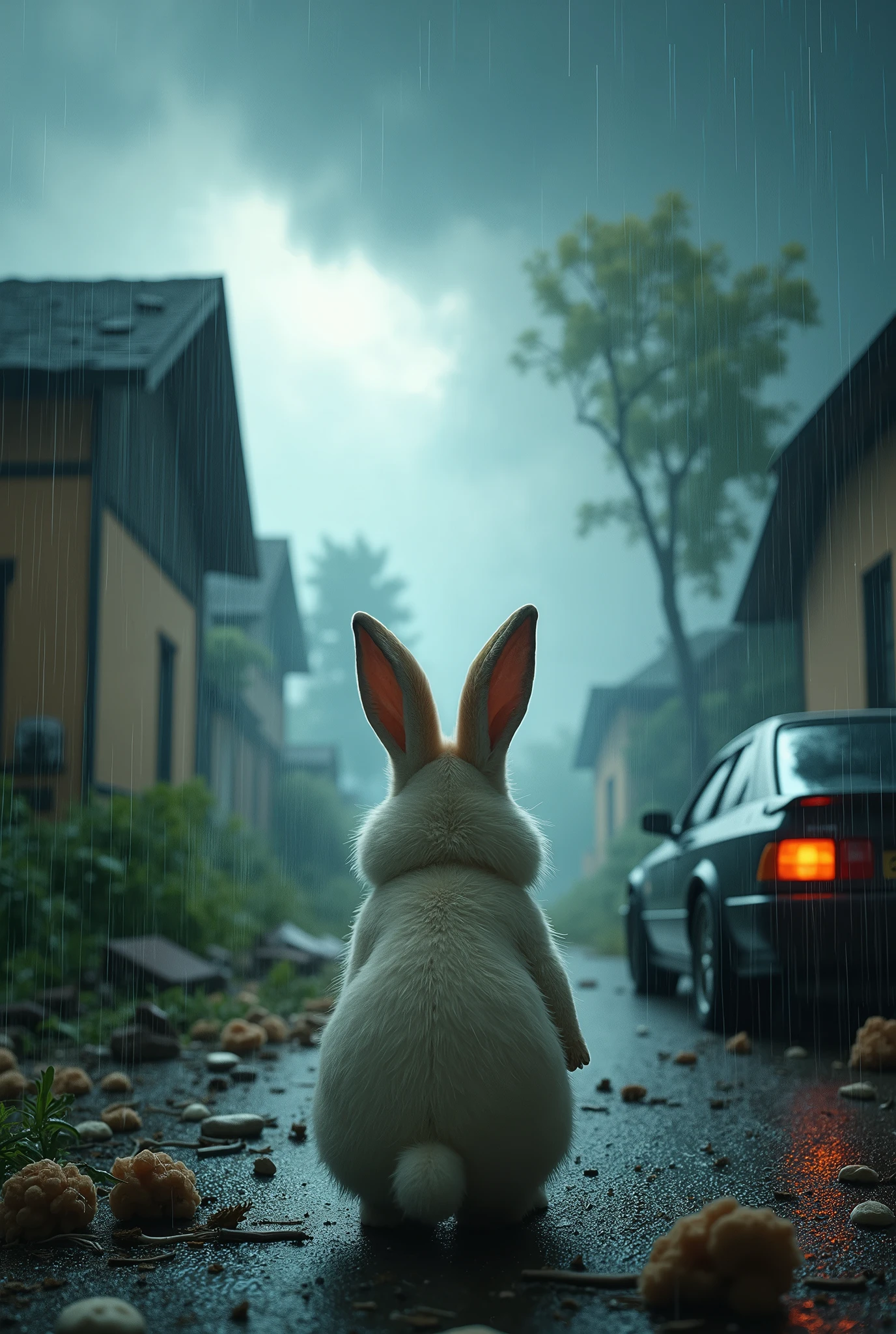 Photographic style, storm\(caught up in a car, broken house, tree\), center of the screen, overwhelming presence, BREAK, rabbit watching the storm, facing backwards, fluffy fur like cotton,[heavy rain:Clear skies:0.8]