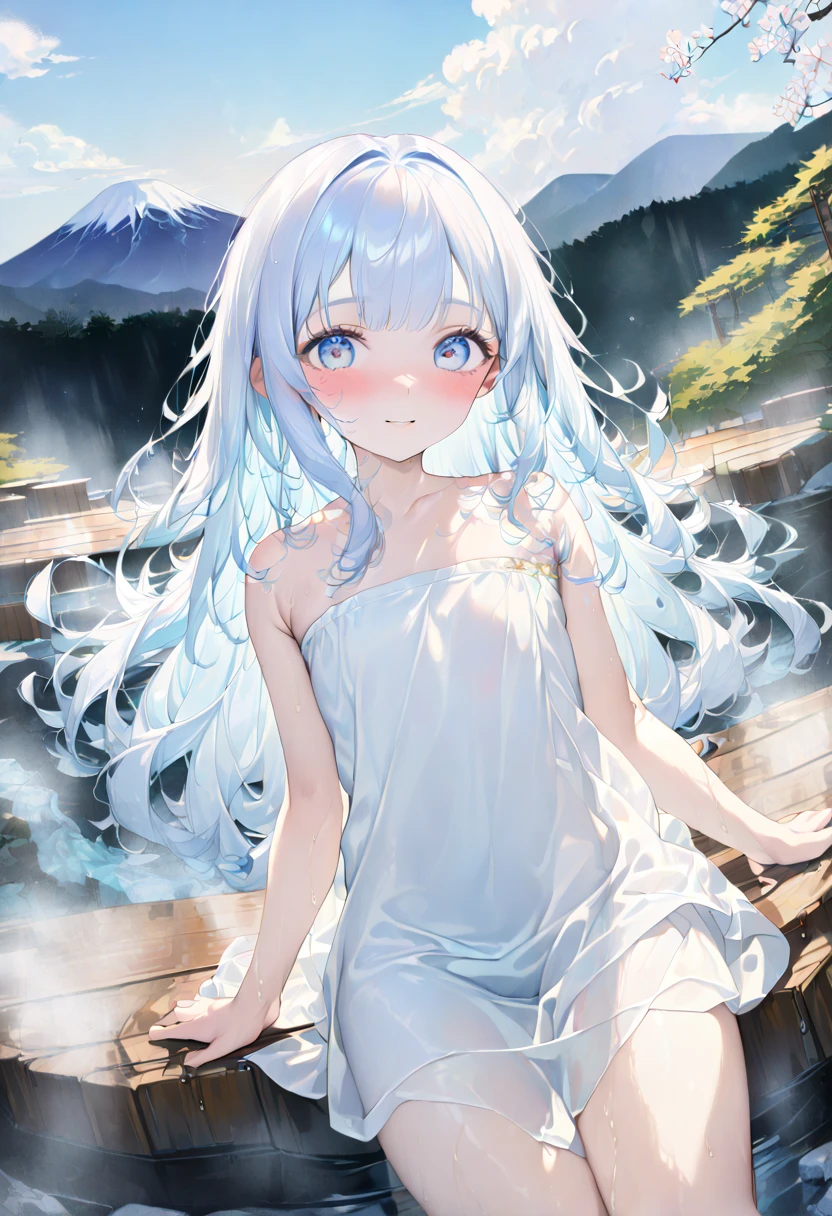 masterpiece, best quality, extremely detailed, (illustration, official art:1.1), 1 girl ,(((( light blue long hair)))), ,(((( light blue long hair)))),light blue hair, , long hair ((blush)) , cute face, big eyes, masterpiece, best quality,(((((a very delicate and beautiful girl))))),Amazing,beautiful detailed eyes,blunt bangs((((little delicate girl)))),tareme(true beautiful:1.2), sense of depth,dynamic angle,,,, affectionate smile, (true beautiful:1.2),,(tiny 1girl model:1.2),)(flat chest),((Onsen with a view of the volcano:1.3)), (masutepiece:1.3), (8K, Photorealistic, Raw photo, Best Quality: 1.4), Japanese, (1girl in), Beautiful face, (Realistic face), Beautiful hairstyle, Realistic eyes, Beautiful detailed eyes, (Realistic skin), Beautiful skin, Attractive, 超A high resolution, A hyper-realistic, Highly detailed, Golden ratio,School uniform. (Sony Alpha 1, 50.1 megapixel full-frame CMOS sensor, 8K video recording function), (telephoto lens), (Realistic),(8K, 超A high resolution, Best Quality, masutepiece:1.2),Ultra-detailed,beautifull detailed face, FULL ANATOMY,(Beautiful detailed eyes:1.3),masutepiece, Best Quality,Smile, extremely delicate and beautiful, Extremely detailed, nffsw, Unity, 8K Wallpaper, amazing, finely detail, Ultra-detailed, High resolution, Extremely detailed, extremely detailed eye and face,Wet, The whole body is immersed in hot water,Bath Towel Tube Top, (Hakone Onsen ,Kusatsu Onsen,Noboribetsu Onsen,Dogo Onsen,Beppu Onsen Village),Night,
