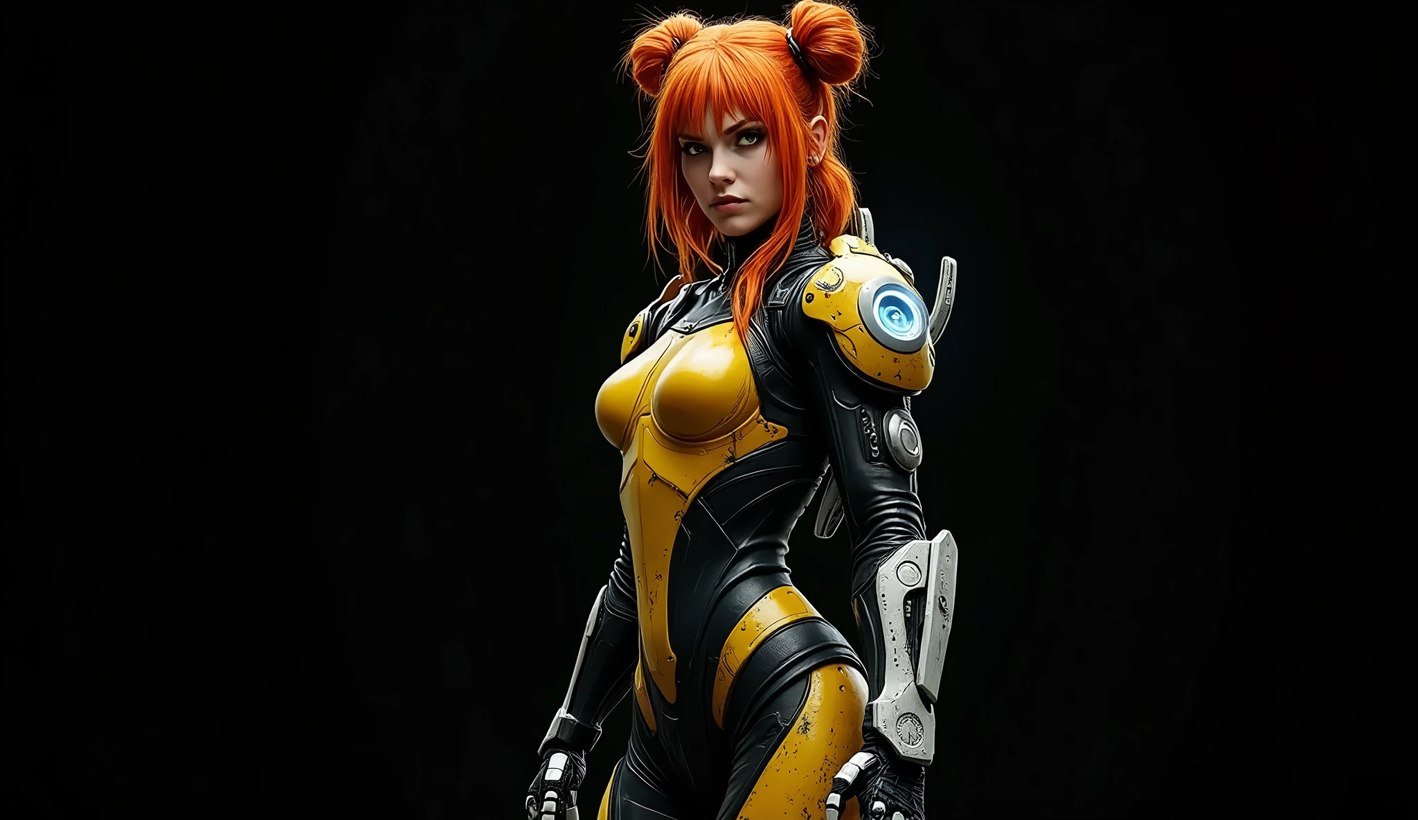 A highly detailed and realistic skull girl,( eyeballs. Taylor Alegria) cyberpunk character, furious mad max, one-handed robot, Cyborg arm, hair orange, dramatic metal heavy rock theme, best qualityer, 8K, hyper realist, photorrealistic, extremely detailed painting, studio lighting, bright coloured, dark and moody atmosphere, cinematic, dramatic pose, intricate mechanical details, glowing energy effects, intense sandy textures, Seamless integration of organic and inorganic elements. Wearing the used clothes of a deserter. fund: An apocalyptic desert. Dusty and depressing.