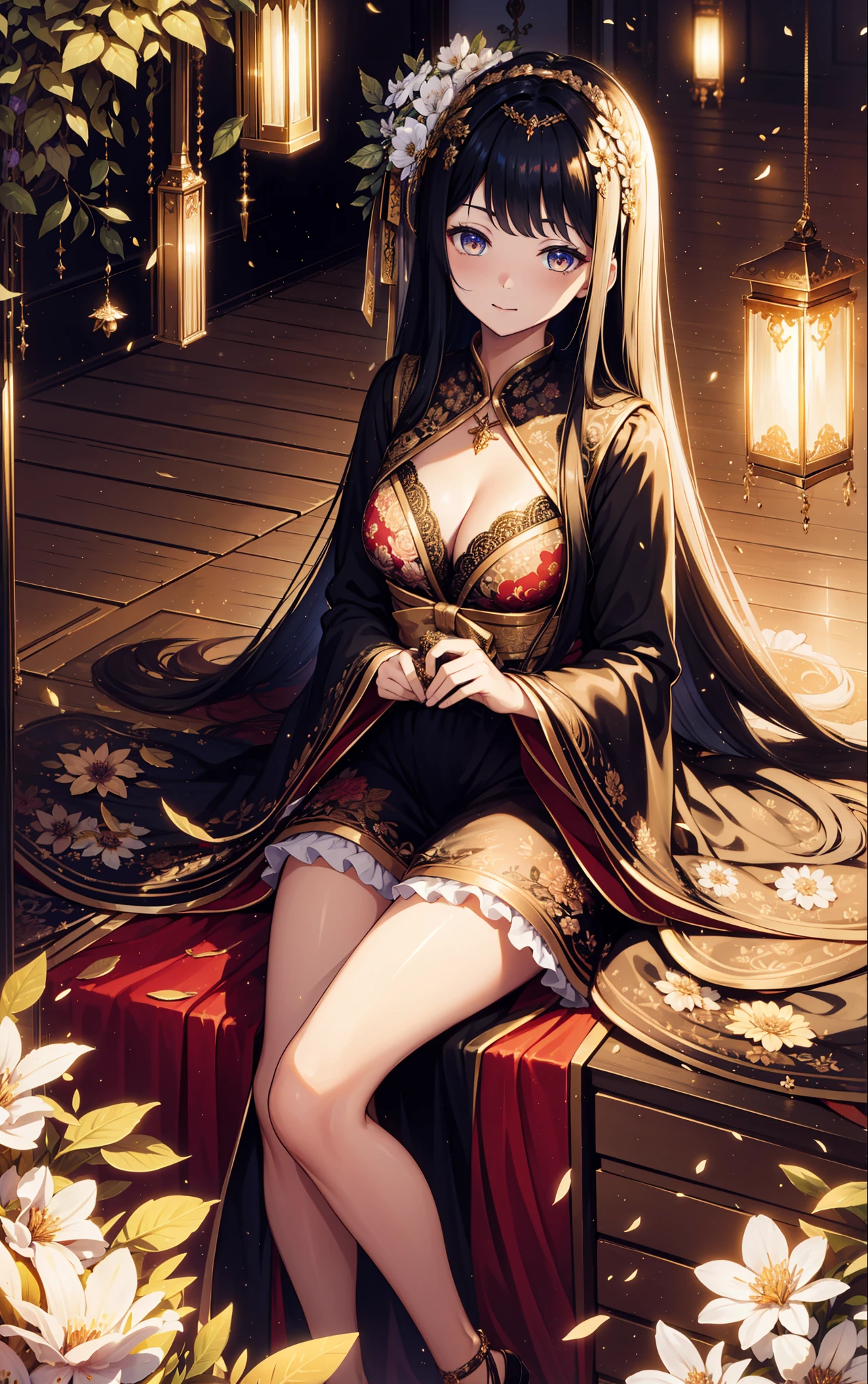 masterpiece, Best quality, high resolution, With 1, gorgeous gold lace ruffle dress, Beautiful little metal headdress , shining eyes, thigh, False eyelashes, Lovely atmosphere, Straight Hair, Black ribbon on the head, Many flowers around,