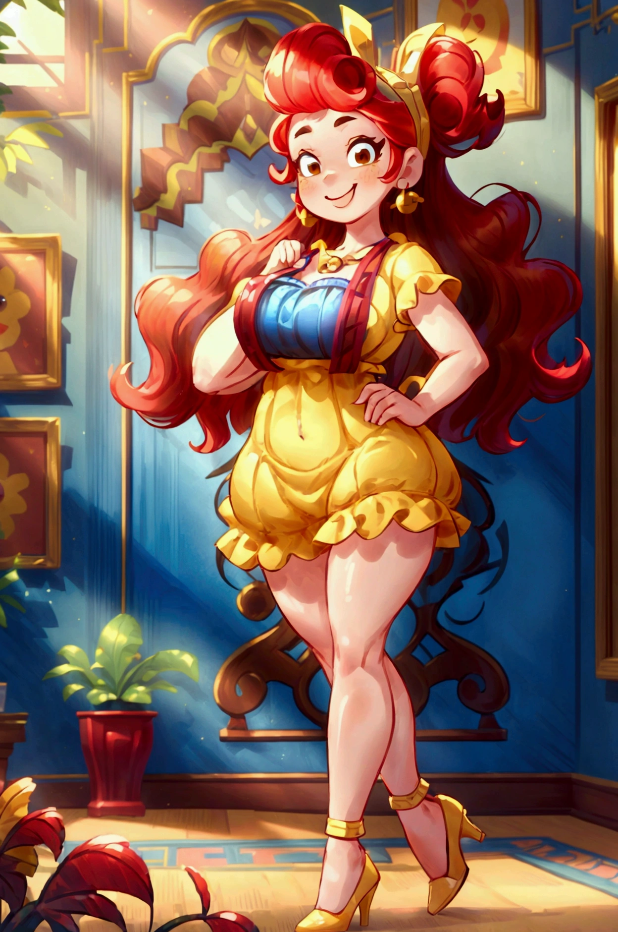 (masterpiece, best quality) (Landscape: standing, indoor, intricate detail, sunlight) (Outfit: blue and yellow frilly dress, red high heel shoes, earrings, headband ) (Body: red hair, brown eyes, big size body, lovely) (Expressions: smiley face, sexy pose, coquette) 
