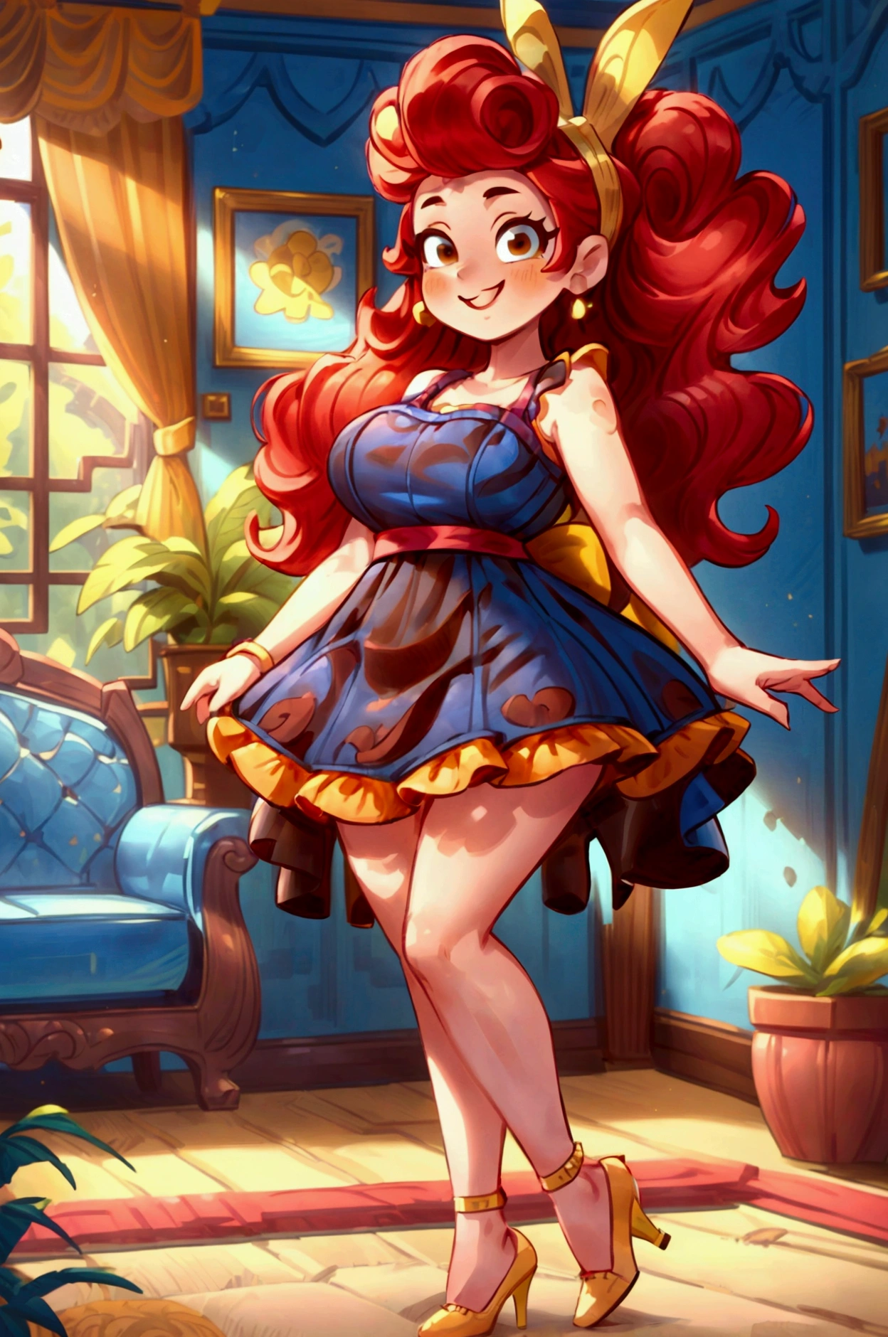 (masterpiece, best quality) (Landscape: standing, indoor, intricate detail, sunlight) (Outfit: blue and yellow frilly dress, red high heel shoes, earrings, headband ) (Body: red hair, brown eyes, big size body, lovely) (Expressions: smiley face, sexy pose, coquette) 
