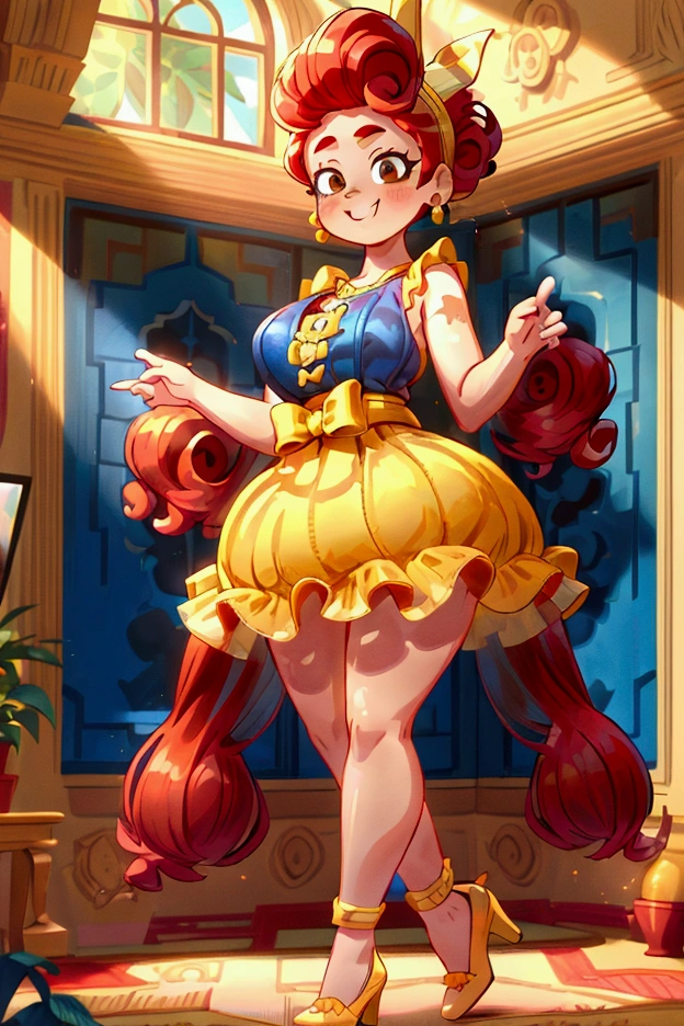 (masterpiece, best quality) (Landscape: standing, indoor, intricate detail, sunlight) (Outfit: blue and yellow frilly dress, red high heel shoes, earrings, headband ) (Body: red hair, brown eyes, big size body, lovely) (Expressions: smiley face, sexy pose, coquette) 
