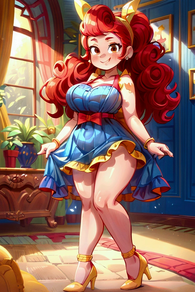 (masterpiece, best quality) (Landscape: standing, indoor, intricate detail, sunlight) (Outfit: blue and yellow frilly dress, red high heel shoes, earrings, headband ) (Body: red hair, brown eyes, big size body, lovely) (Expressions: smiley face, sexy pose, coquette) 
