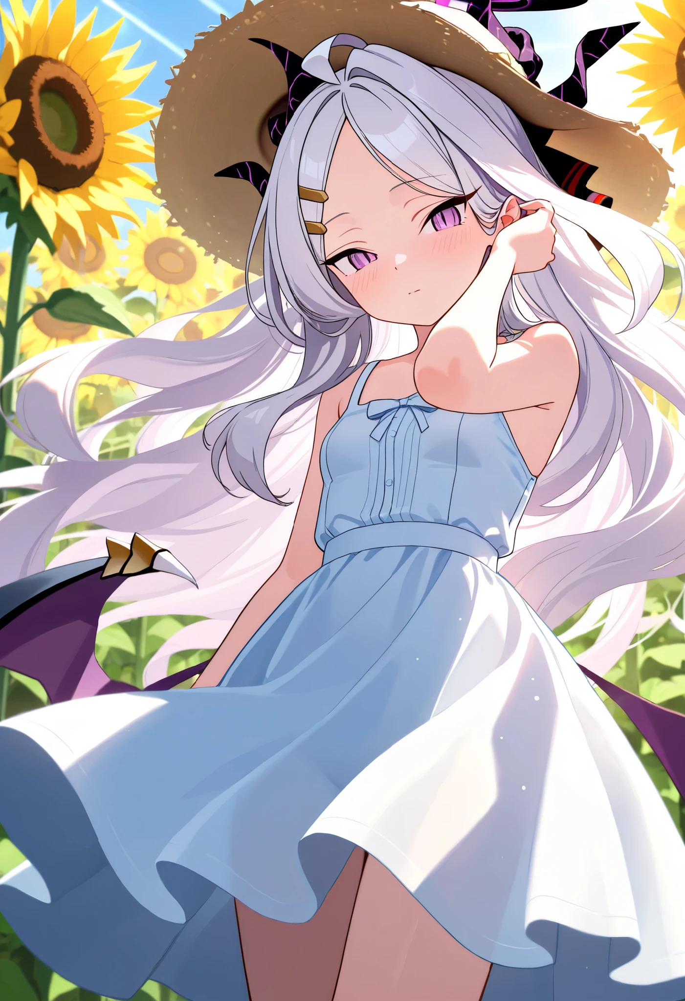 masterpiece, best quality, amazing quality, very aesthetic, newest, general, solo, blue archive, hina \(blue archive\), small breasts, sundress, tucking hair, sun hat, sunflower field, sunlight, sunbeam, lens flare,