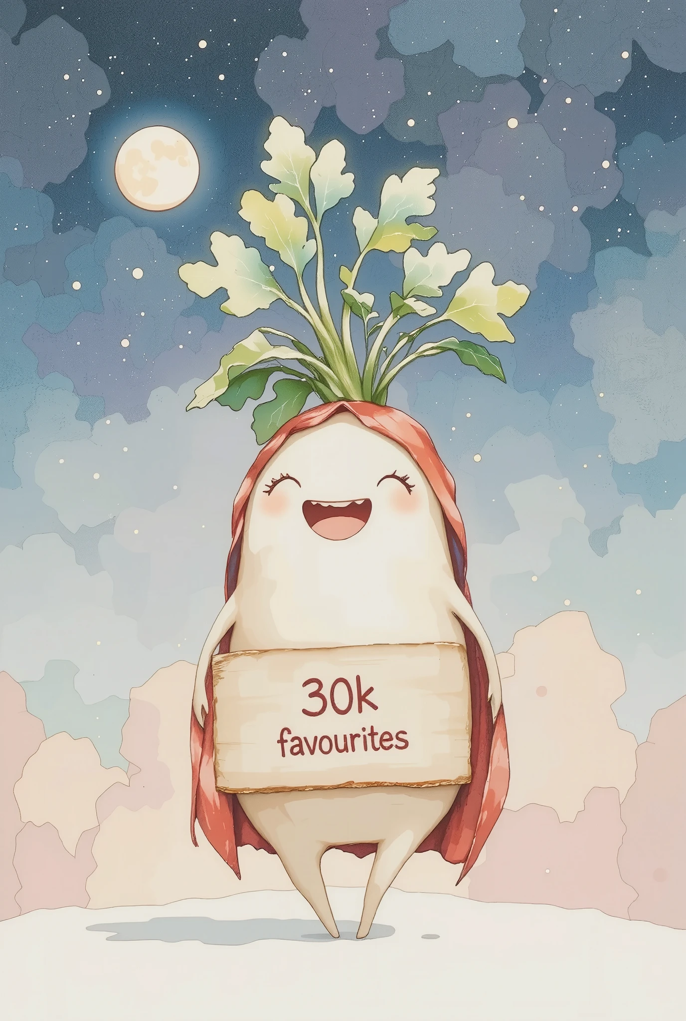 ink art, water color, daikon wearing a red cloak holding a board "30K Favorites", cute face, big smiling, open mouth, night sky, new moon, amazing background, pastel color