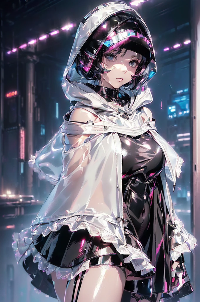 (nice,  elegant , luxury), (beautiful still life painting art),  super detailed, beautiful,   Masterpiece ,  best quality, 
( HOOD WITH Cyberpunk visor :1.8),
( Lace Off-Shoulder Lolita Fashion :1.6), ( perfect for skin :1.3), (Reflective Surfaces:1.4),( creating a super detailed and realistic image ＆ lace flared mini skirt :1.3),(Divide:1.4), ( fringe detail on the sleeve :1.2),
( smooth and shiny :1.4), 
( x} SHORT LEGGGINGS AND TANK TOP :1.3), ( Precise Light Grey Eyes with Large Slits :1.4), ( LEDs embedded in the poncho :1.6), ( shiny latex tight :1.3),(((Very thin body))) , (((length, Thin legs))), (((short black bob , Thick and fluffy bangs ))), ((( very pretty face ))), No cosmetics, Small, thin nose,  Small Thin Lips , ((( Very Sharp and Focused Eyes))),  Glossy Latex and Rubber Theme ,  shining like a jewel , length eyelashes, (( Shiny Clear Latex Skeleton White Poncho , Overly decorative fashion)), Abandoned Night, 