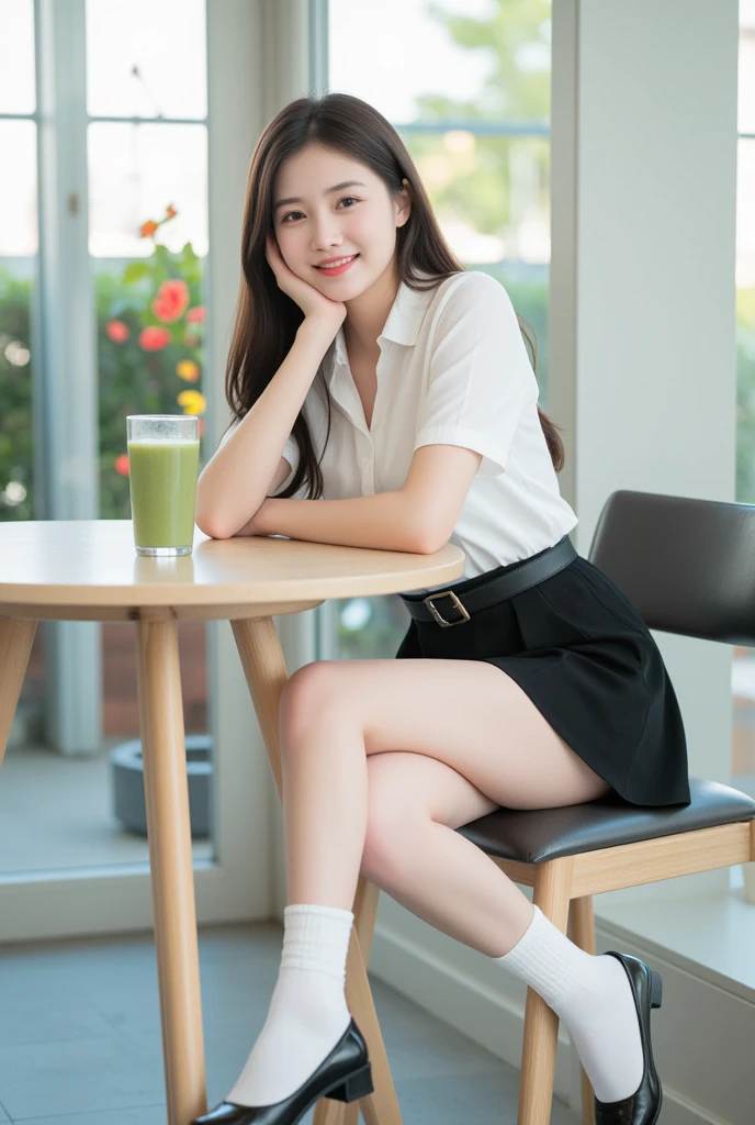 Full body image of a 20-year-old a Thai woman with a bright smile, woman sitting casually at a table indoors, wearing a light white blouse short sleeves and a black skirt with a black belt. She is wearing Mary Jane shoes with short white socks. She rests her head on one hand, exuding a cheerful and relaxed vibe. A glass of green smoothie sits on the table beside her. The background shows a softly blurred interior with large windows and natural light streaming in. Image wide angle shot.