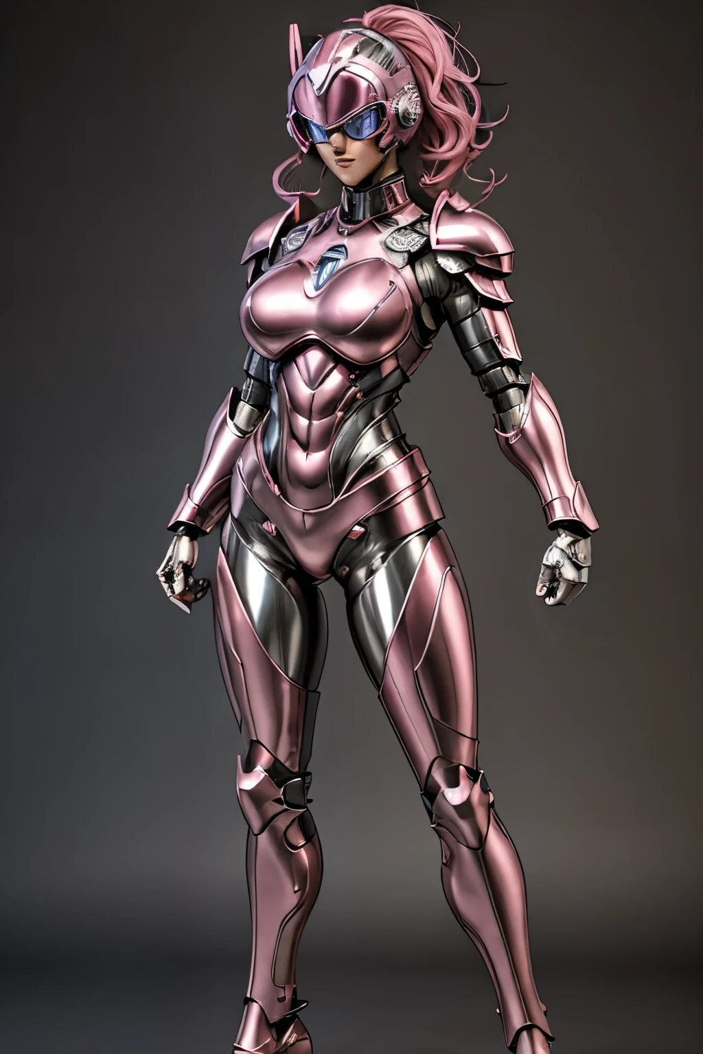  Female RoboCop Solo 、Bright outdoors、Strong light source、8k,  High Quality , masterpiece, 最 High Quality ,  sharp contrast 、 very detailed、full body armor、Very large armor、Helmet to cover the head、Clear Photos、The eyes are pale, Translucent Straight Goggles.:1.3、The lower half of the face is raw々Shii:1.5、 lower half of face exposed 、Seductive lips、metallic armor that shines very dark pink、Ear antenna、metallic pink armor、Full body armor、length, Thin legs、Vibrant Posello Body View, Big and Rich Breasts :1.8, (Sports Body:1.5)、 five fingers、In the city