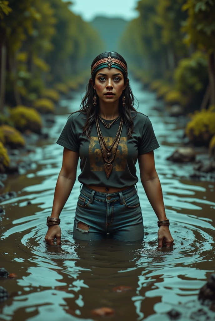 extremely detailed woman is victim of ritual,drowning waist-deep in bog, in the middle of a mysterious bog, wearing a beautiful headdress and traditional indigenous accessories, captivating fadeed high-waisted jeans and t-shirt,. The scene is of the highest quality, with 4k resolution and ultra-detailed visuals. The woman's facial expressions and body language depict her struggle and fear, while her eyes reflect the intensity of the situation. The lighting is atmospheric, casting eerie shadows throughout the bog. The colors are vivid, with a focus on earthy tones to enhance the natural environment.