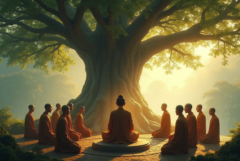 Bhutanese monk meditating under a tree and comedians trying to make him laugh but the monk remains serious faced