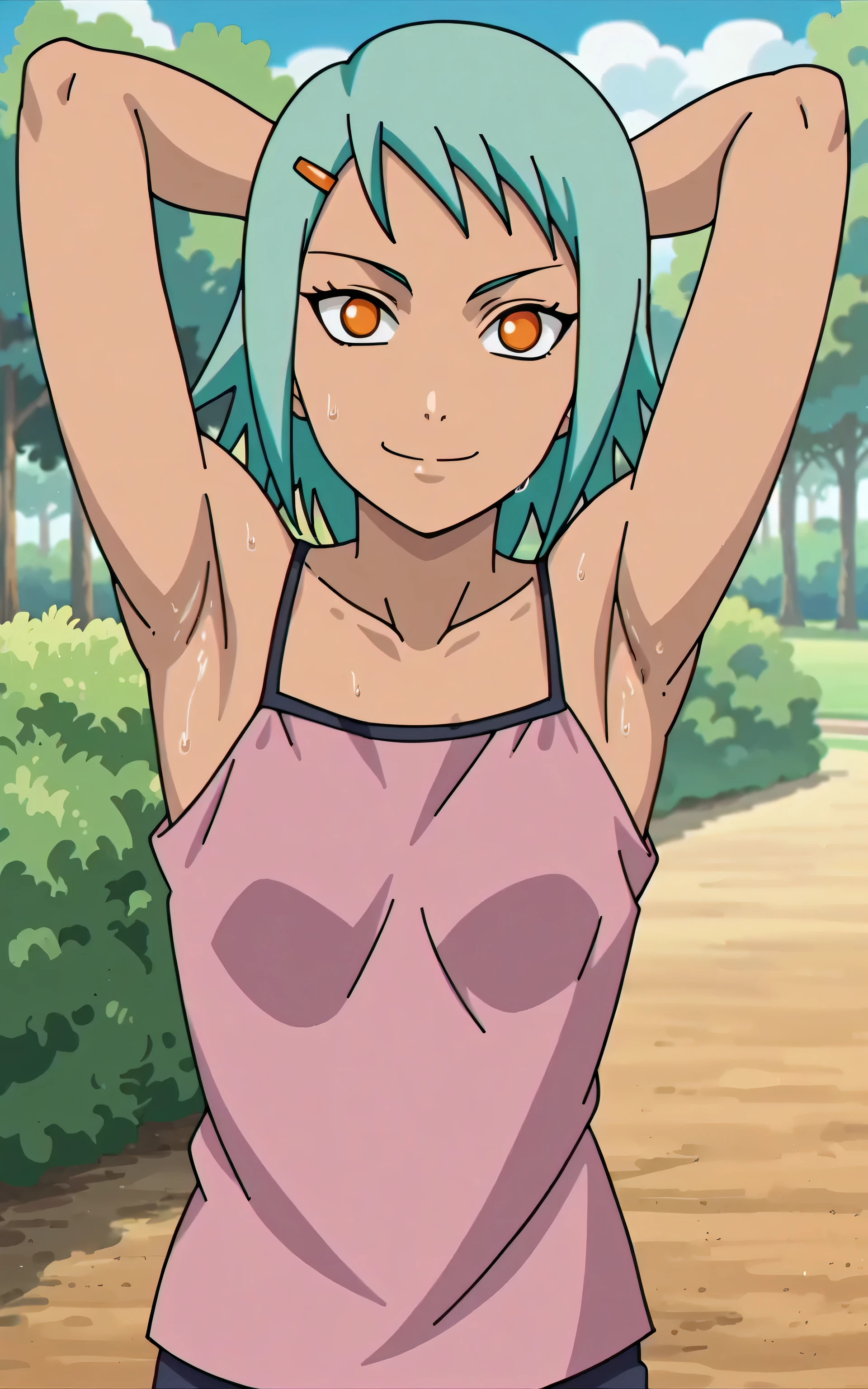 score_9, score_8_up, score_7_up, source_anime, anime screencap, 1girl, solo, fuu, bare shoulders, bare arms, hairclip, pink camisole, spaghetti straps, arms behind head, armpits, looking at viewer, head towards viewer, smile, closed mouth, badhandv4, outdoors, day, park, sweaty