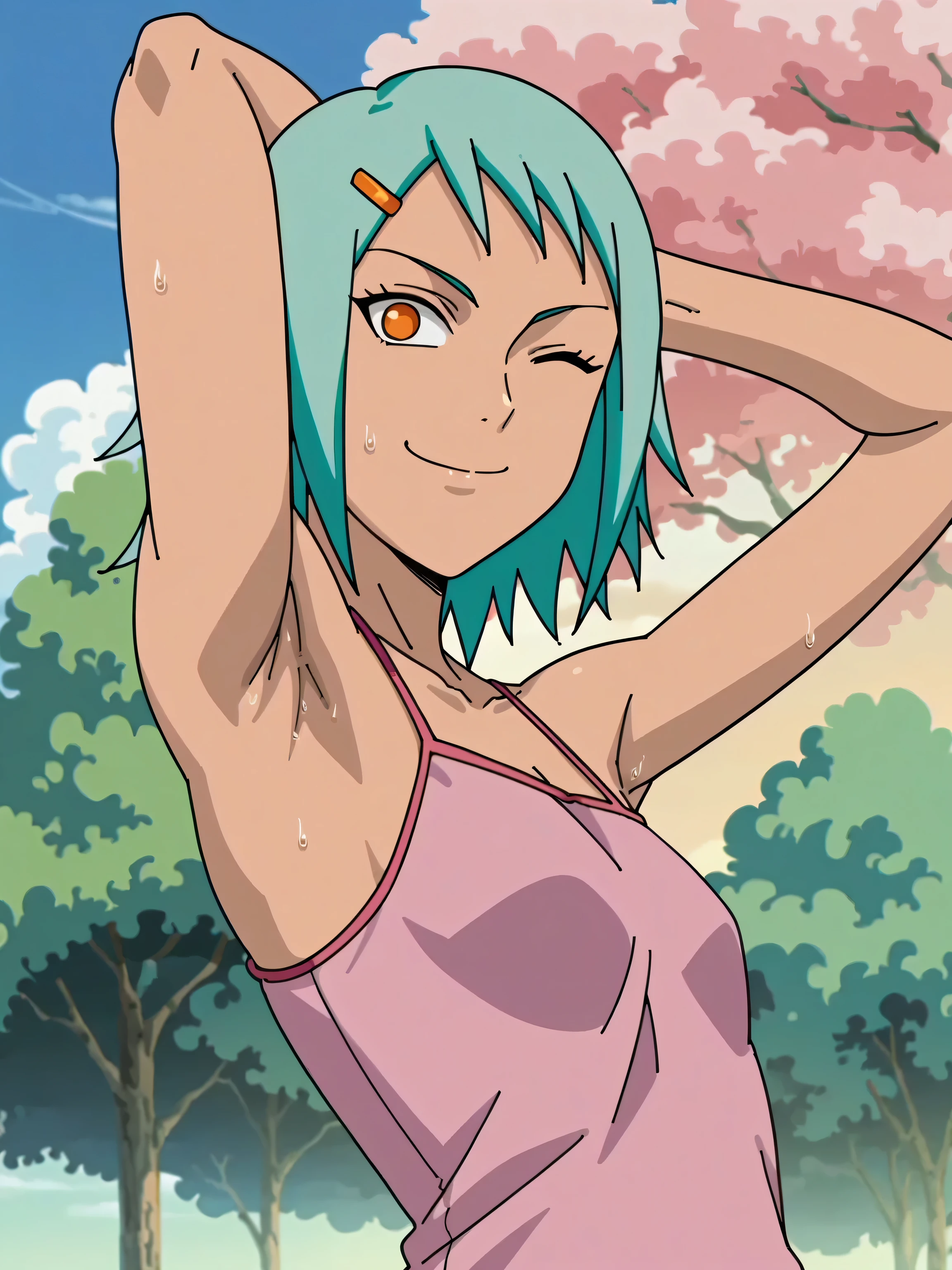 score_9, score_8_up, score_7_up, source_anime, anime screencap, 1girl, solo, fuu, bare shoulders, bare arms, hairclip, pink camisole, spaghetti straps, arms behind head, armpits, looking at viewer, head towards viewer, smile, closed mouth, badhandv4, outdoors, day, park, sweaty