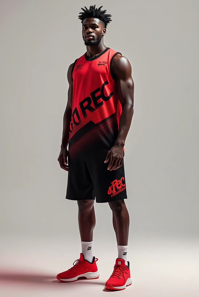 create a uniform for a men&#39;s volleyball team with the following characteristics:
A men&#39;s short-sleeved t-shirt with an aggressive geometric pattern in red and black. 

Men&#39;s shorts: Black shorts with red details, como faixas laterais ou o logo do time em vermelho.