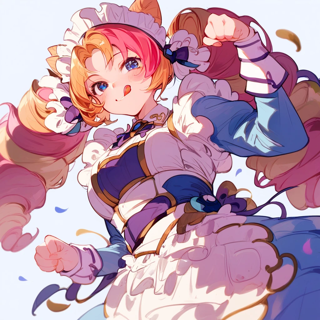 Score_9, Score_8_up, Score_7_up, Score_6_up, Score_5_up, Score_4_up,
1girl, Blue eyes, multicolored hair, blonde hair, pink hair, twin drills, maid headdress, smile, paw pose,
looking at the spectator, breasts,  Tongue out,  From below, blush, Alone, 