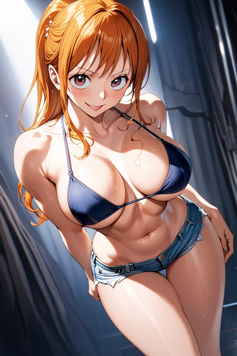 masterpiece, Best Quality, High resolution,16k,official art,super detailed skin,detailed,animated painting,(Nami:1.5),(onepiece:1.5),1990s \(style\),(E-cup beautiful breasts)、 (tall:1.2),height: 175cm,Fashion model body type、clevage, Sexy long legs,bikini bra、(short jeans),underboob,Abdominal muscles、, oraneg hair、long hair,big eyes,long eyelushes,Muscular、1girl,solo,nsfw,sexy,smile,shy,blush,(vulgarity:1.3)、(Ahegao:1.2),Anime-style painting style,Close up on full body,Cinematic lighting,Superfine,Seductively Posing,dynamic angle, closeup shot,simple white background,Sweating all over the body,splead legs,morning