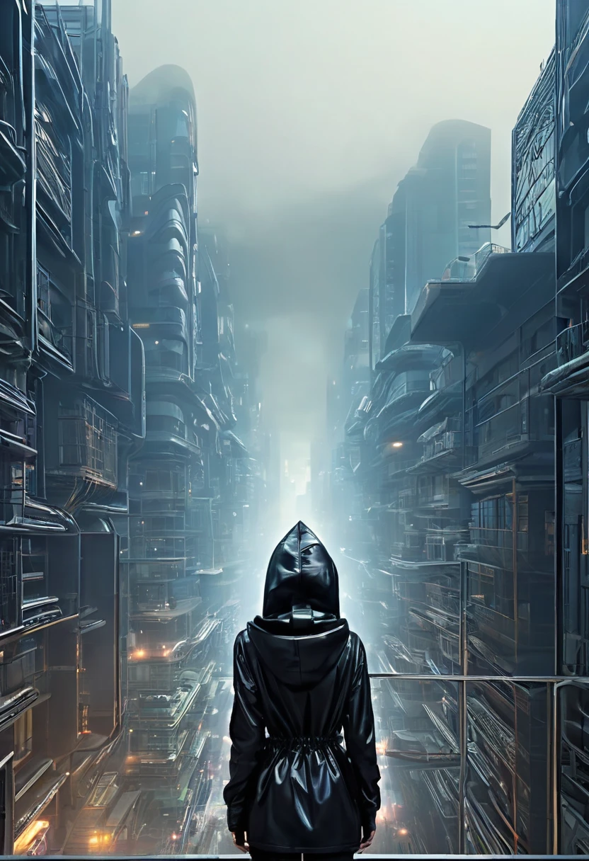 image taken from a balcony of a futuristic building with a GIRL on her back and DRESSED WITH A HOOD looking at an aerial view of an ultra futuristic North American megalopolis, view of the entire city with many metal buildings and houses in dark colors from dark blue to black, a cidade tem tons de cinza metal, has smoky metal structures , industrial environment with smoke and fog around, carros escuros nas ruas, desert megalopolis, trilhos e trens modernos de de metal passando estre as ruas da cidade, tall futuristic metal buildings, many ultra modern buildings aroun Imran Khan 
