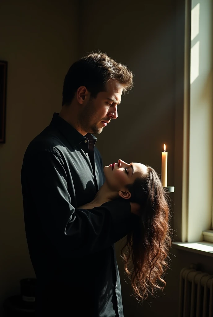 A painting. man and woman looking sad and tired connected with red string. Twin flames. Man is looking away and trying to let her go in the background a table with candle on it