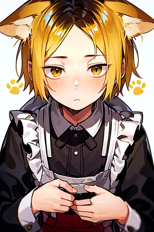 solo,  1 boy、 high definition , masterpiece, Blonde,  bob hair, Cat ears,  golden eyes, Frills、Slanted Eyes,  sleepy、sleepy、juvenile、 close-up, ribbon, adult、美juvenile、 maid outfit 、adult、 young man with sharp face、apron、Frills、 shy、blush、