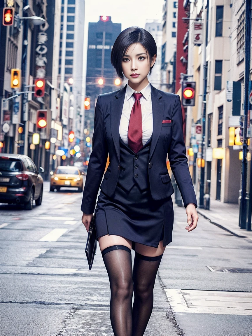 Resident Evil 4, Ada Wong, 1girl, sexy, makeup, silky hair, fully clothed, skirt suit, suit and tie, (((three-piece suit))), dress shirt, shirt and tie, necktie, ((blazer)), ((suit jacket)) ((waistcoat)), bodycon miniskirt, pantyhose, tights, stockings, red lipstick, pinstripe suit, high heels, belt, tie clip, pocket square, tailored suit, detailed Tokyo city night view background, 