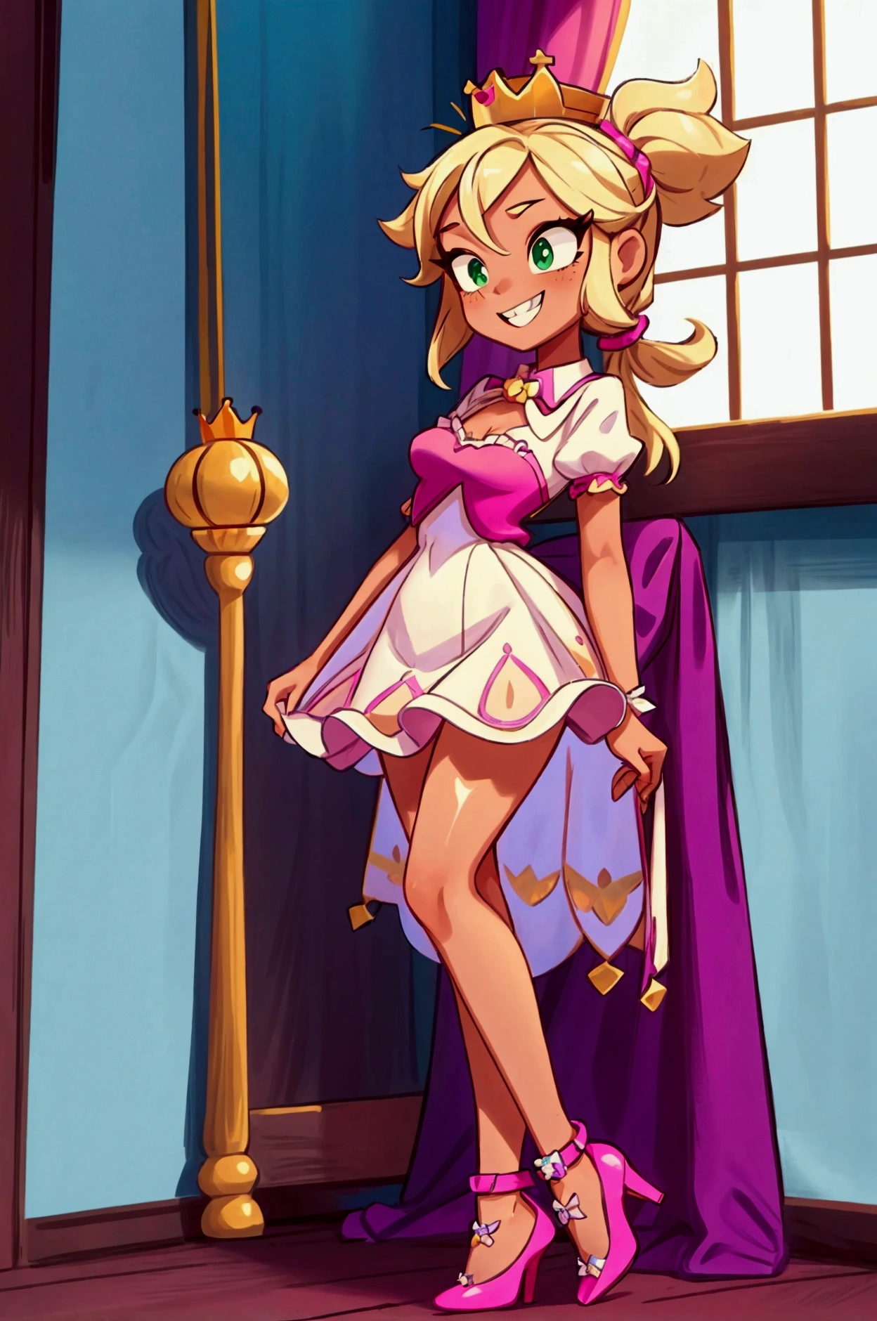 (Masterpiece, best quality) Mandy brawl stars, 1 girl, standing indoors with intricate details and sunlight, magenta and white frilled dress with short neckline, purple high heel shoes, crown in head, blonde medium long  hair, two ponytails, green eyes, blue, dark brown skin, sexy smile, bad girl, confidense attitude, teeth showing, sexy pose, coquette, beautiful long legs, mature teen girl, gorgeous body, pronounced breasts.