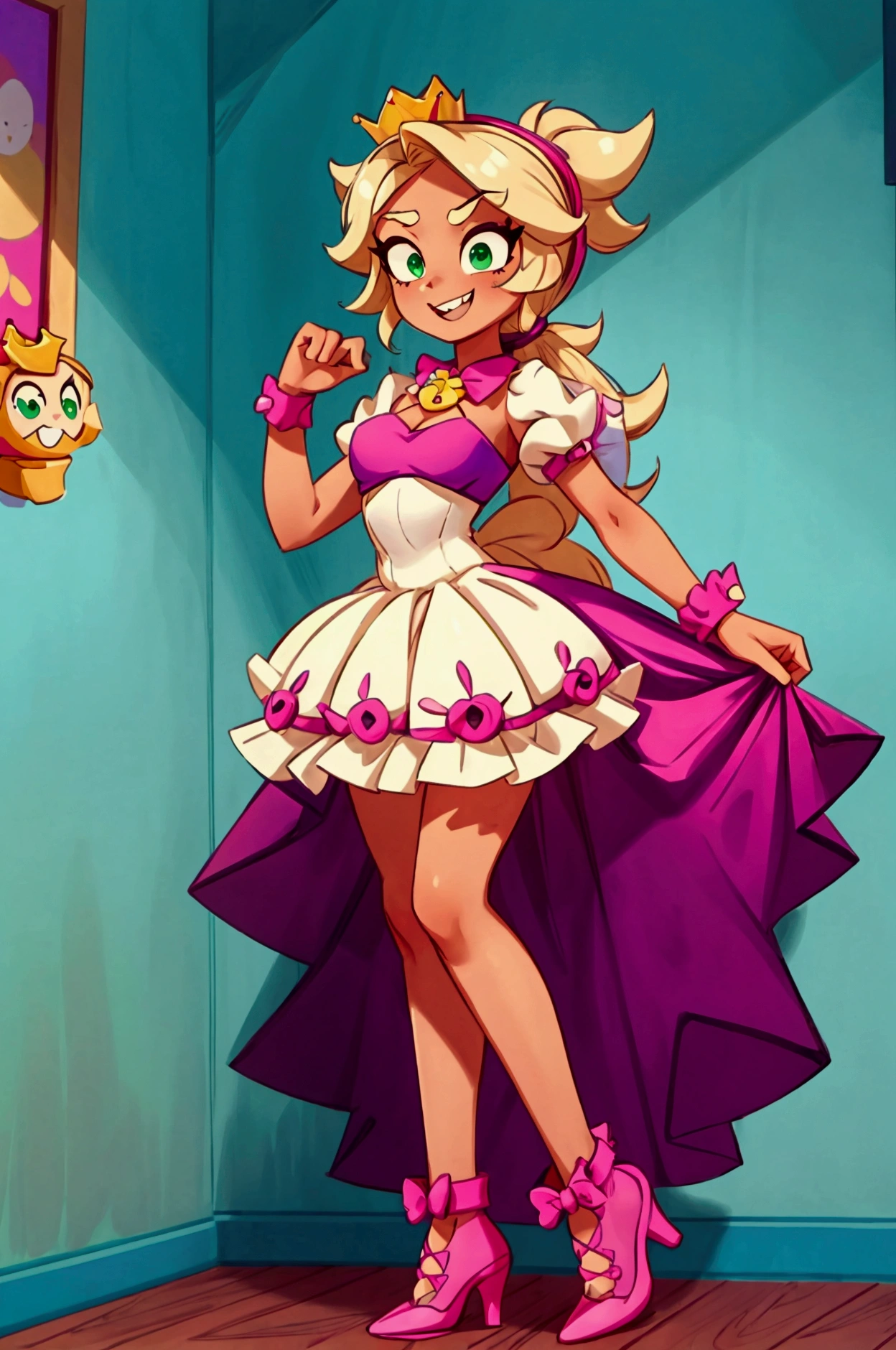 (Masterpiece, best quality) Mandy brawl stars, 1 girl, standing indoors with intricate details and sunlight, magenta and white frilled dress with short neckline, purple high heel shoes, crown in head, blonde medium long  hair, two ponytails, green eyes, blue, dark brown skin, sexy smile, bad girl, confidense attitude, teeth showing, sexy pose, coquette, beautiful long legs, mature teen girl, gorgeous body, pronounced breasts.