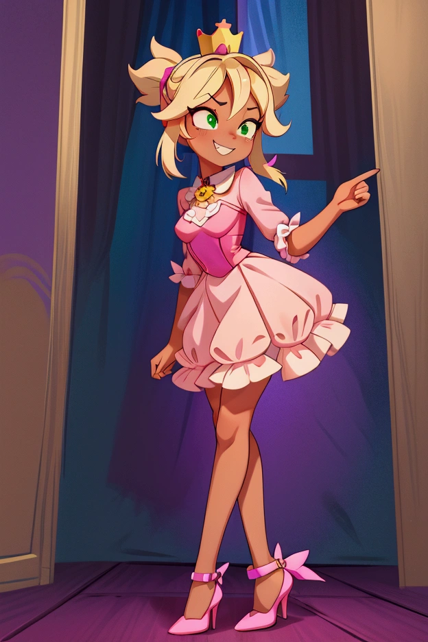 (Masterpiece, best quality) Mandy brawl stars, 1 girl, standing indoors with intricate details and sunlight, magenta and white frilled dress with short neckline, purple high heel shoes, crown in head, blonde medium long  hair, two ponytails, green eyes, blue, dark brown skin, sexy smile, bad girl, confidense attitude, teeth showing, sexy pose, coquette, beautiful long legs, mature teen girl, gorgeous body, pronounced breasts.