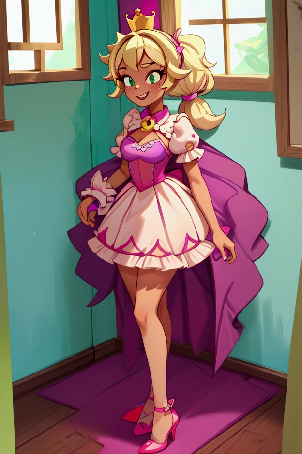 (Masterpiece, best quality) Mandy brawl stars, 1 girl, standing indoors with intricate details and sunlight, magenta and white frilled dress with short neckline, purple high heel shoes, crown in head, blonde medium long  hair, two ponytails, green eyes, blue, dark brown skin, sexy smile, bad girl, confidense attitude, teeth showing, sexy pose, coquette, beautiful long legs, mature teen girl, gorgeous body, pronounced breasts.