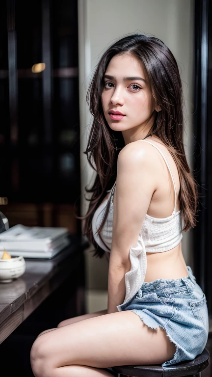 ((Highest quality, 8k, masterpiece: 1.3)), sharp: 1.2, Perfect Body Beauty: 1.6, ((Layered Hairstyles, Small breasts: 1.0)), bed, ((Small face)), (((ponytail))), ((necklace)), Earrings, ring, Bracelet, Hair Accessories, (You can see the cleavage well), ((No bra)), ((Beautiful young teenager woman)), ((Straight nose)), (Eyeliner), Armpit Hair, Bristles, ((Beautiful Skin)), Feminine curvaceous figure, (((Sitting with legs together))), Wavy Hair, Beautiful attention to detail, Super detailed, Highly detailed face and skin texture, fine grain, double eyelid, Black Hair, Big Ass, Lower Body, Thighs, (((Skinny))), Wet and shiny lips, smile, Blushing, Get a grip on your body, ((Anatomically correct human body)), ((Crisp body shape)), Ribs, clavicle, Protruding skeleton, Raised hair, A face without nasolabial folds, (((Silk Shirt))), (((Shorts)))