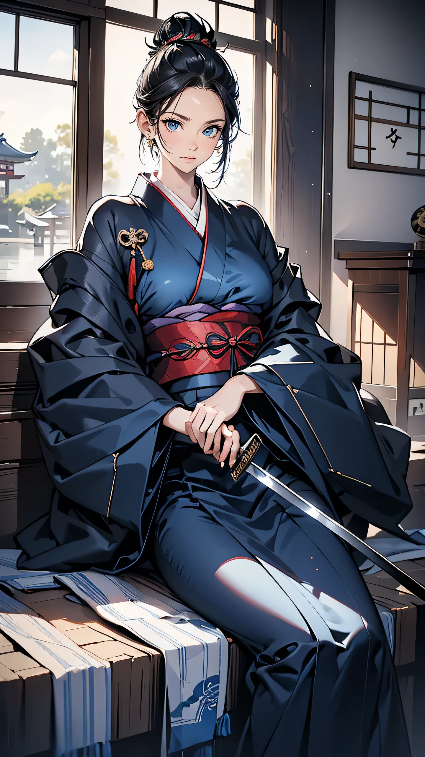 “A composed and intelligent female samurai, wearing a sleek, dark blue kimono with delicate silver accents. Her posture is upright, exuding confidence and precision. She holds a slim, straight katana at her side, her hand resting calmly on its hilt. Her hair is tied back in a tight bun, with a few strands loose around her face, and her piercing gaze reveals her sharp intellect. Behind her, a traditional Japanese dojo can be seen, and the air is still, reflecting her calculated and strategic nature. She radiates an aura of quiet authority, ready to protect her comrades.”