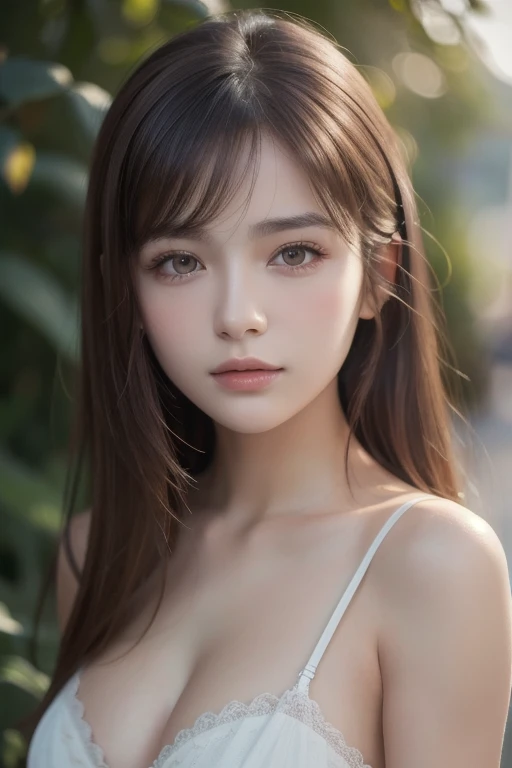 (best quality), (ultra-detailed), (llustration), (detailed light), (an extremely delicate and beautiful), ung girl, brown hair, brown eyes, model, bare shoulders, best quality, extremely detailed CG unified 8k wallpaper, High-definition raw color photos, professional photograpy, (((Bokeh))), depth of fields, twilight, sunset,
