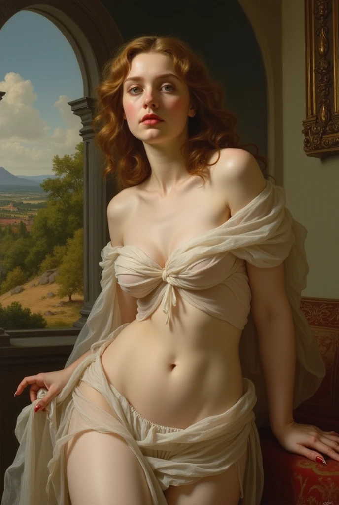 A painting drawn in the style of Raphael, a beautiful Caucasian woman with large breasts dressed in a transparent dress.