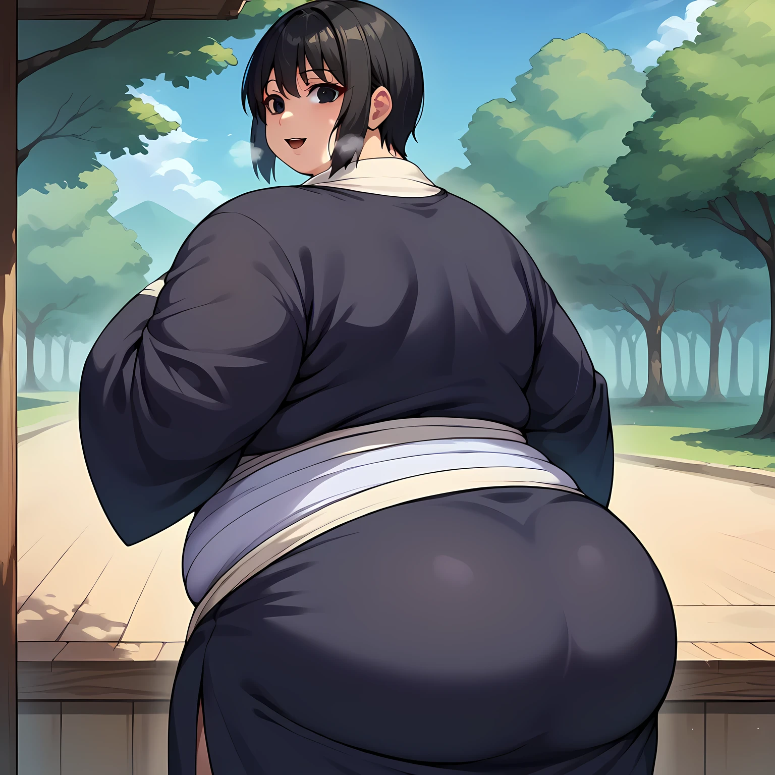  score_9,  score_8_up,  score_7_up,  score_6_up, sauce_Anime BREAK 1girl, Alone,  Shizune ,  Black Hair ,  Black Eyes,   black kimono, (Big Breasts:0.6), looking at you,  place your hand on your lower back, A light smile, Blue Sky, tree fat, chubby, obese, gigantic arms and legs, large breasts open mouth, out of breath