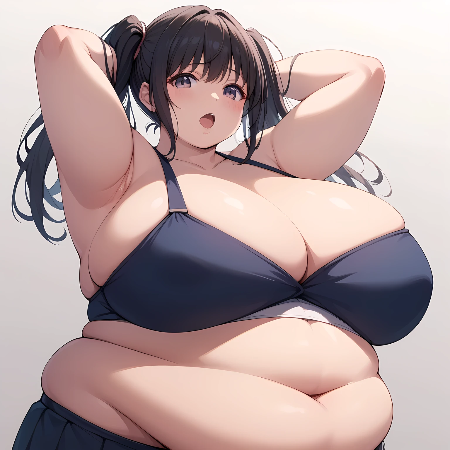 masterpiece,Best Quality、inoue takina、Twin tails、Black Hair、lycoris uniform、Arms behind head fat, chubby, obese, gigantic arms and legs, large breasts open mouth, out of breath