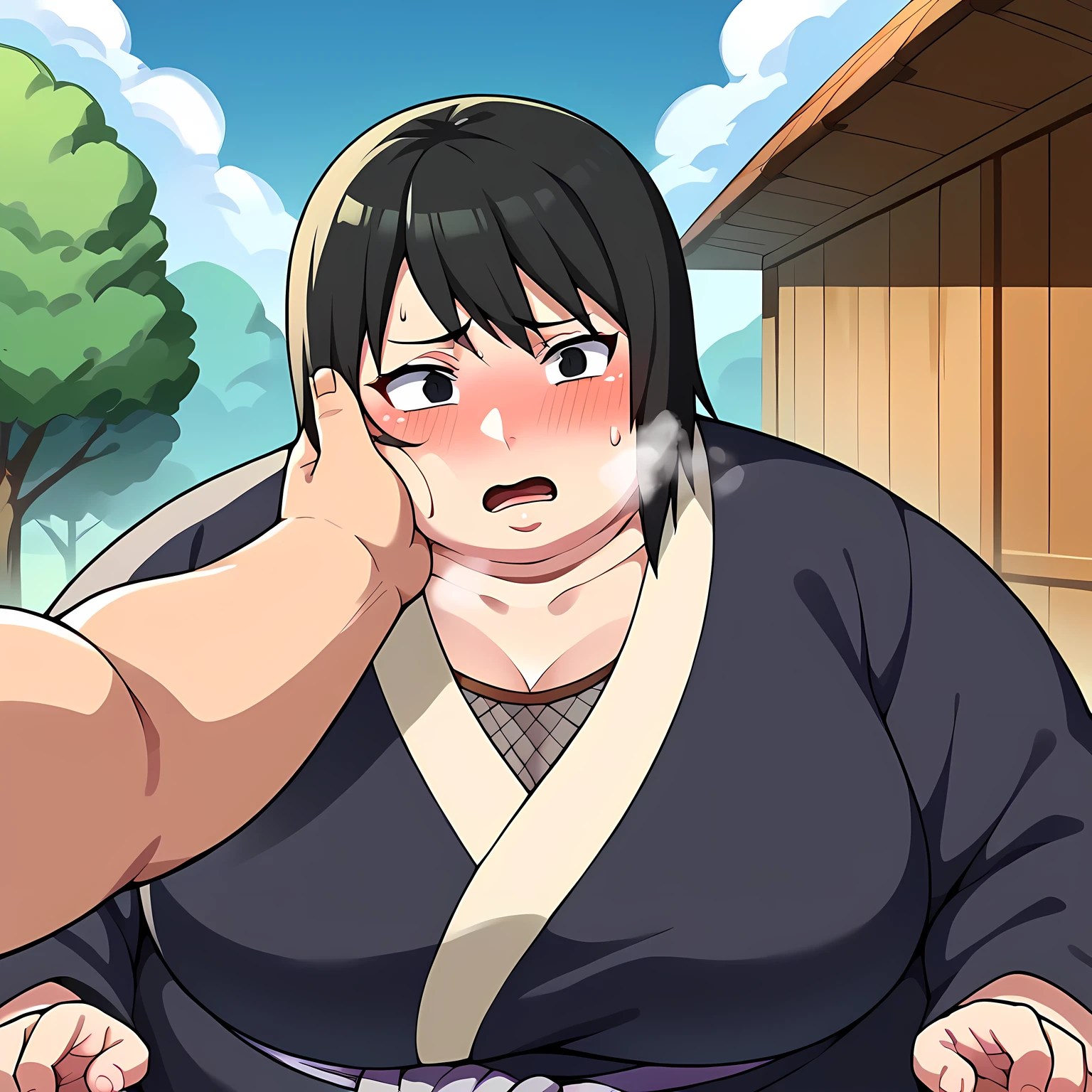  score_9,  score_8_up,  score_7_up,  score_6_up, sauce_Anime BREAK 1girl, Alone,  Shizune ,  Black Hair ,  Black Eyes,   black kimono, (Big Breasts:0.6), looking at you,  place your hand on your lower back, A light smile, Blue Sky, tree swollen face, fat, chubby, obese, open mouth, out of breath, absurdres, highres icon, rating:General, confused, blush, {flustered}, nervous sweating, portrait, pov hands, hand on another's cheek, averting eyes, [looking away], straight-on, from above,  upper body, masterpiece, best quality, ultra-detailed, high resolution, 8K, 