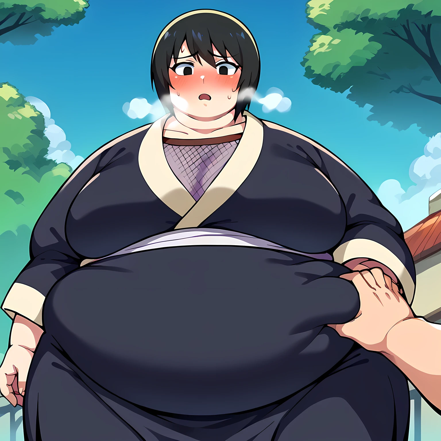  score_9,  score_8_up,  score_7_up,  score_6_up, sauce_Anime BREAK 1girl, Alone,  Shizune ,  Black Hair ,  Black Eyes,   black kimono, (Big Breasts:0.6), looking at you,  place your hand on your lower back, A light smile, Blue Sky, tree bulging belly, fat, chubby, obese, open mouth, out of breath, absurdres, highres icon, rating:General, confused, blush, {flustered}, nervous sweating, portrait, pov hands, hand on another's belly, averting eyes, [looking away], straight-on, from below, swollen face, masterpiece, best quality, ultra-detailed, high resolution, 8K, 