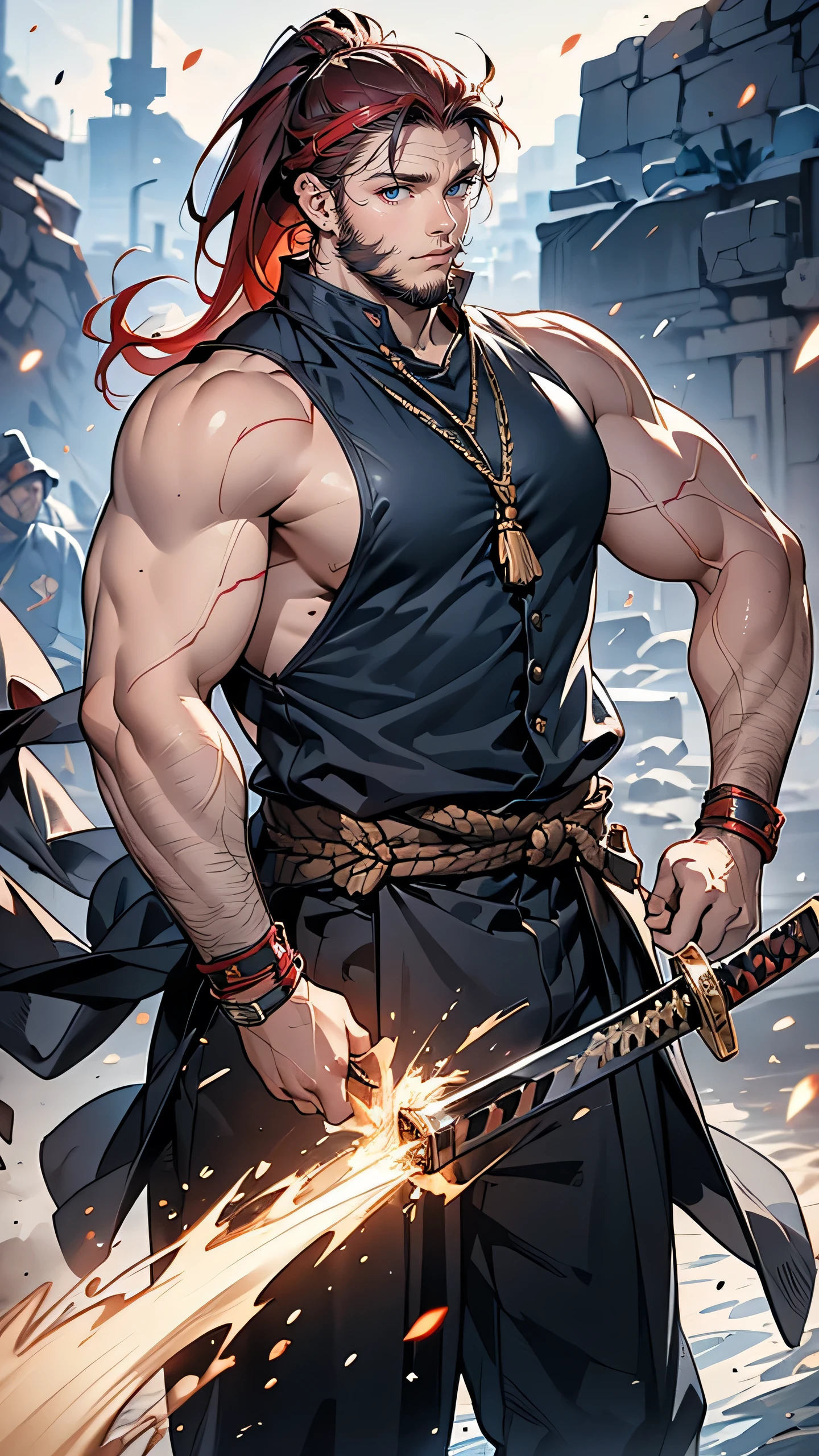 “A large, muscular man with a broad smile, standing proudly in front of a roaring forge. He wears a rough, sleeveless vest made from heavy leather, revealing arms covered in scars from countless battles and hours at the forge. In his hand, he holds a massive, freshly forged katana, its blade glowing faintly from the heat. His long red hair is tied back in a loose ponytail, and his face is marked by laughter lines. His eyes gleam with both strength and a jovial nature. The background shows sparks flying from the forge, and the sound of metal clashing echoes around him.”