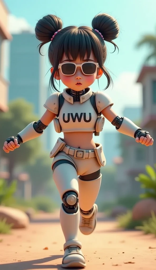 hyper close up of only Girl face is fierce, write UWU on the chest, robotic outfit, sunglasses, fierce, open arms ((fish eyes lens)), fish eyes lense, arms open, RUNNING, futuristic cyberpunk BUILDINGS IN THE BACKGROUND