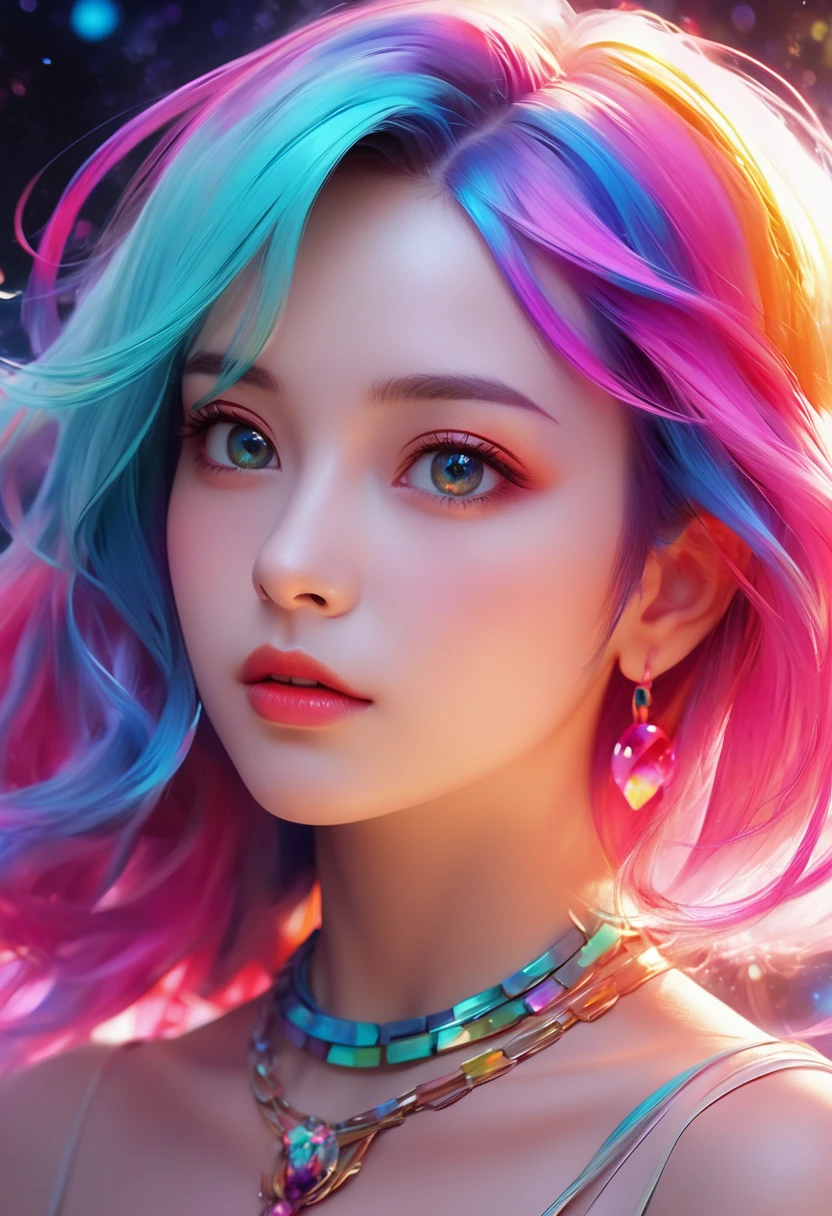 Close-up of a woman with colorful hair and necklace, anime girl with cosmic hair, Rossdraws soft vibrancy, Gouviz style artwork, fantasy art style, colorful], vibrant fantasy style, Rossdraws cartoon full of vitality, cosmic and colorful, Guweiz, colorful digital fantasy art, stunning art style, beautiful anime style, glowing hair