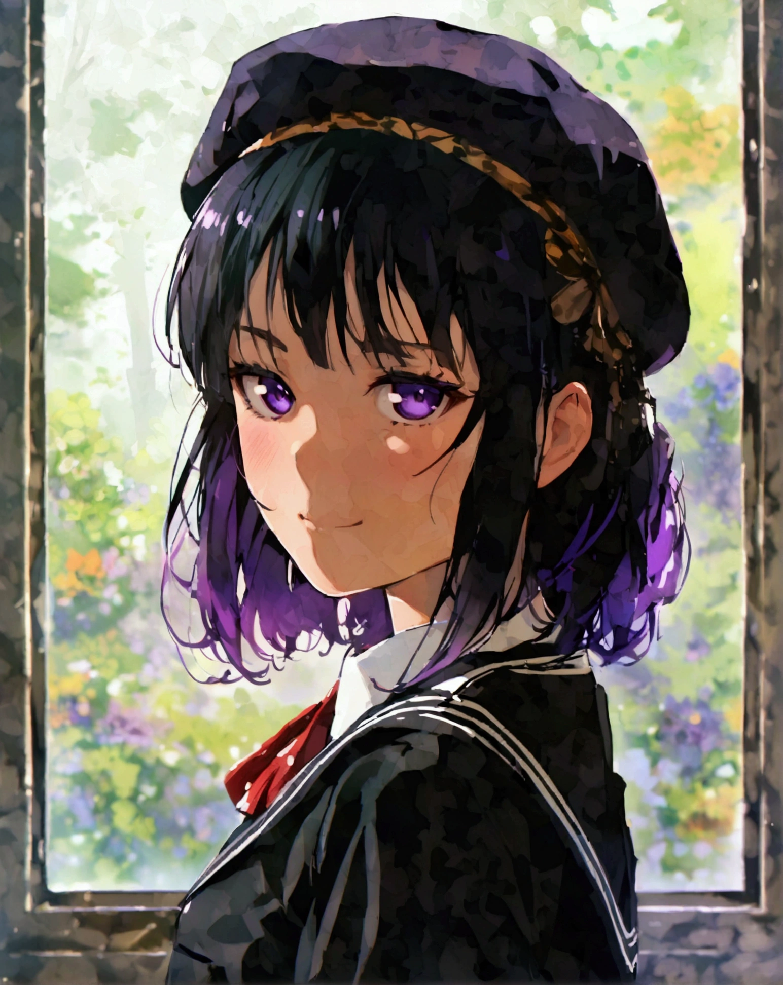 masterpiece, best quality, very aesthetic, absurdres, sakayanagi, 1girl, blunt bangs, jet-black hair with a subtle purple sheen, deep purple eyes, hair ribbons, no hat, no beret, school uniform, black jacket over collared shirt, closed-mouth smile, face focus, vibrant colors, no tie, Arisu Sakayanagi hairstyle, upper body, medium shot  