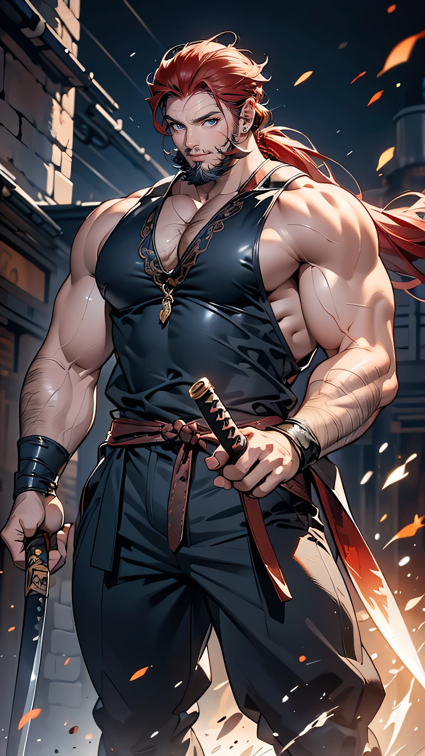 “A large, muscular man with a broad smile, standing proudly in front of a roaring forge. He wears a rough, sleeveless vest made from heavy leather, revealing arms covered in scars from countless battles and hours at the forge. In his hand, he holds a massive, freshly forged katana, its blade glowing faintly from the heat. His long red hair is tied back in a loose ponytail, and his face is marked by laughter lines. His eyes gleam with both strength and a jovial nature. The background shows sparks flying from the forge, and the sound of metal clashing echoes around him.”