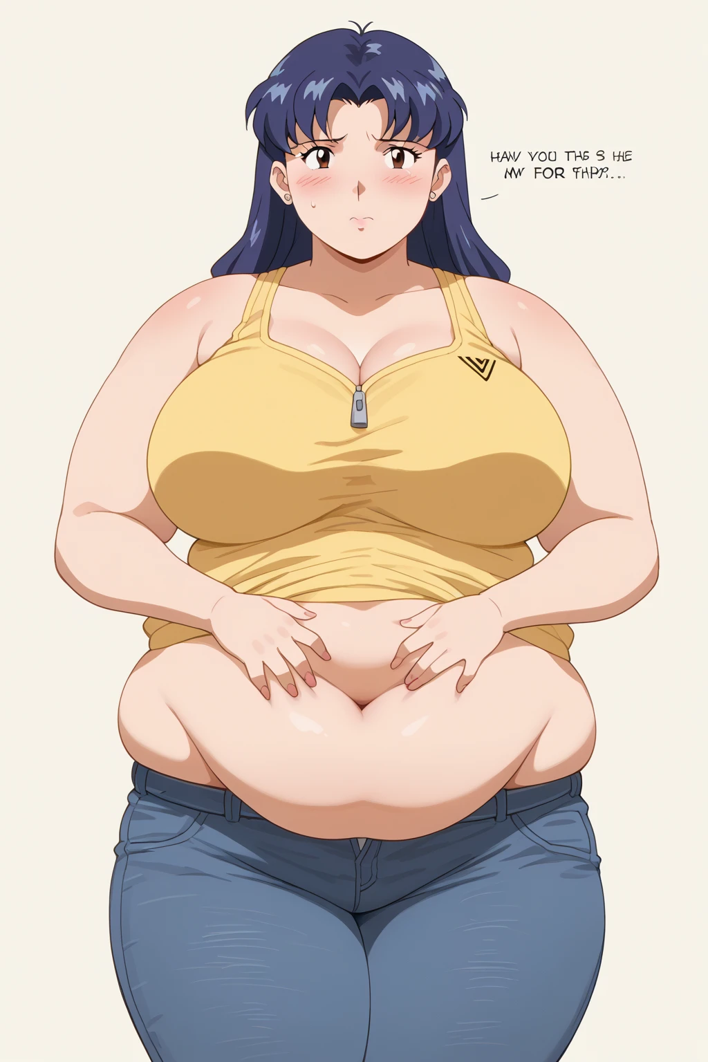 score_9, score_8_up, score_7_up, score_6_up, score_5_up, score_4_up, Masterpiece , best quality, Very Aesthetic , absurd, source_Anime, Anime screencap, , one woman , Alone, personal , misato katsuragi, Katsuragi Misato , long hair, Super huge breasts, (((Super huge クレビス, Super huge , Super huge boob))), Curvy, Wide Hips , embarrassing expression, indoor, Fat body, chubby, obesity , chubby , weight gain , embarrassing, Untidy Stomach , Protruding Stomach , Putty Clothes , mature mature , embarrassing , Fat face, double chin , I'm hungry, yellow plain tank top that makes you sigh, navy denim pants , ssbbw, overweight woman ,Aunt, Sighs , depressed expression, The zipper on my pants won't rise