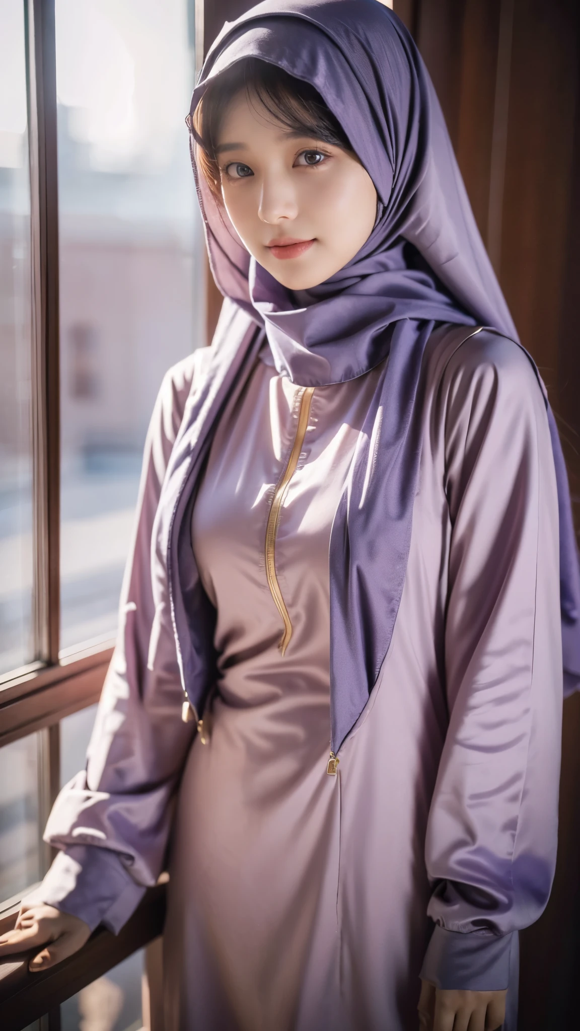 Japanese woman, oval face, slim face. Slender, thin, Slender and tall body. White skin., 25 years old , slim body abs, tall , ((medium breast:1.1)), beautiful lady, Nikon Z 85mm, ((best quality)) ((masterpiece)), intricate detail, ((almost )), sharp focus, professional, realistic, real life, hyperreal, photorealistic, fine detail, best quality, very Detailed CG unity 8k wallpaper, perfect artwork, Full body, glowing eyes, realistic, perfect female hourglass figure, thin waist, wide buttocks, looking at viewer, extremely delicate and beautiful, best quality, beautiful detail girl, beautiful eye detail, face lighting, film lighting, perspective, revealing buttocks, perfect collarbone, realistic facial expression, (exquisite detail, makeup, (exquisite beautiful exquisite face, delicate and beautiful eyes, a face with perfect proportions, high-detailed skin,((wearing light purple closed hijab, wearing super transparent light purple tight long floral gamis, unbuttoned loose opened clothes, showing nude breasts and nipples.showing nude vagina)), simple diamond necklace, ((open clothes), leaning in the mat, outdoor, bedise small stone river, ?????????? nude body. ((Wet body, soaking half body in the river, wet hijab, spalsh water))