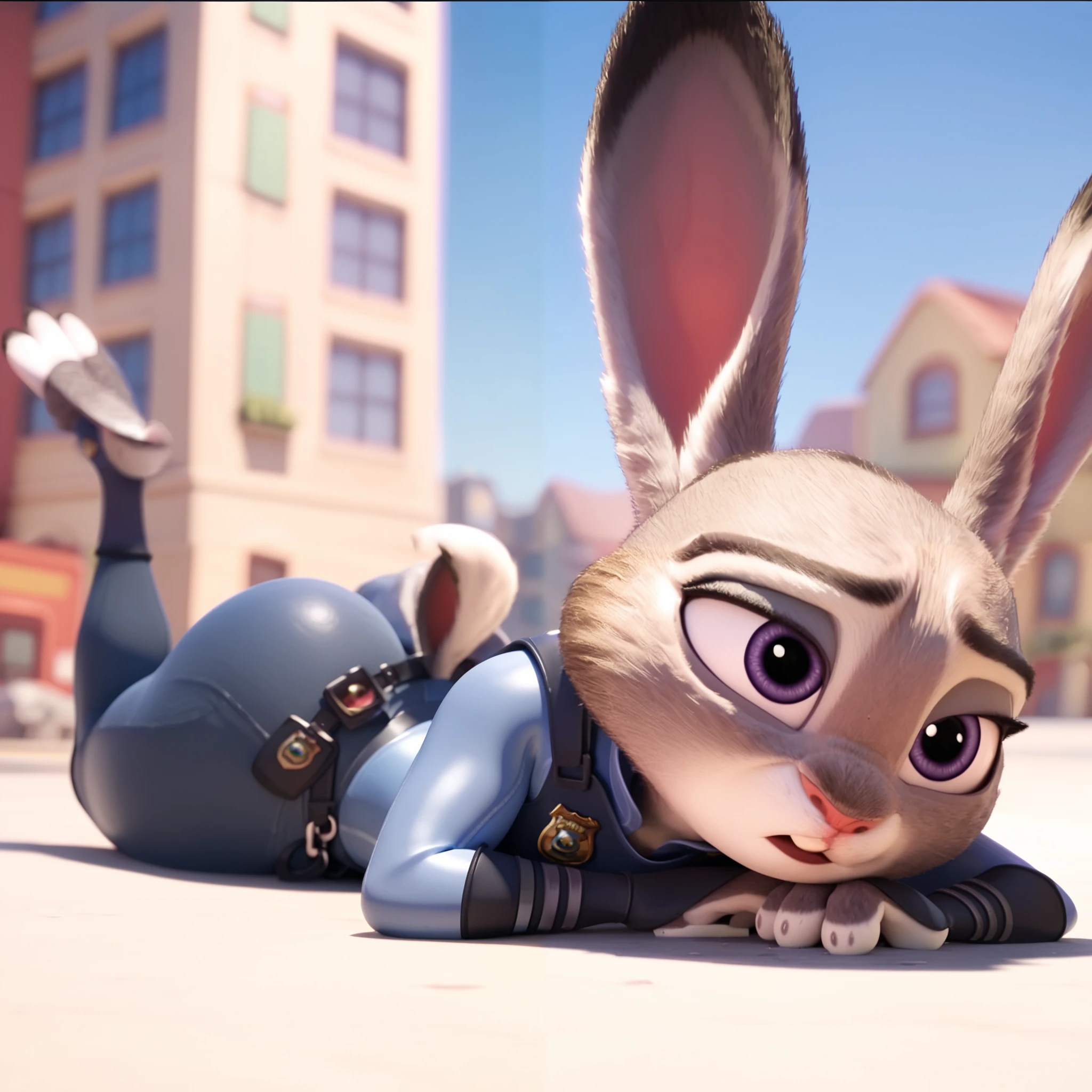 By disney pixar, 3d, solo, by qupostuv35, ((Macro)), ((judy hopps, lying face down)), female, on a street of zootopia, Police uniform, thick thighs, butt, wide hips