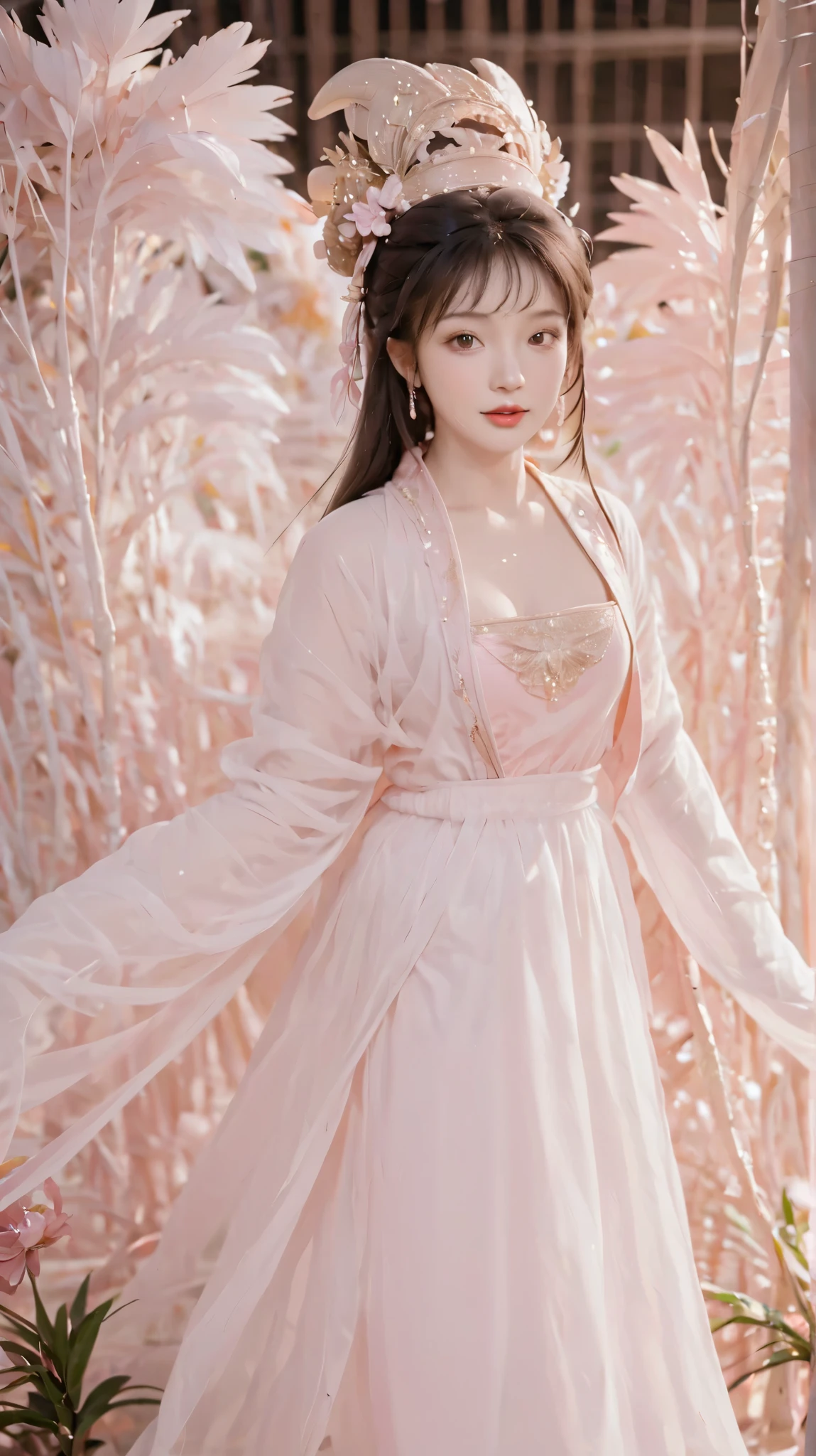 masterpiece,  Best quality, seaside, banquet,  1 mature woman, Elegant, China人, China,  happy ,  light brown hair ,  pink eyes, Gorgeous headdress,  light pink lips, Pink clothes, Yarn Clothing, Intellectuals, Full bangs, Straight bangs, Flower Balls,  Delicate face  ,