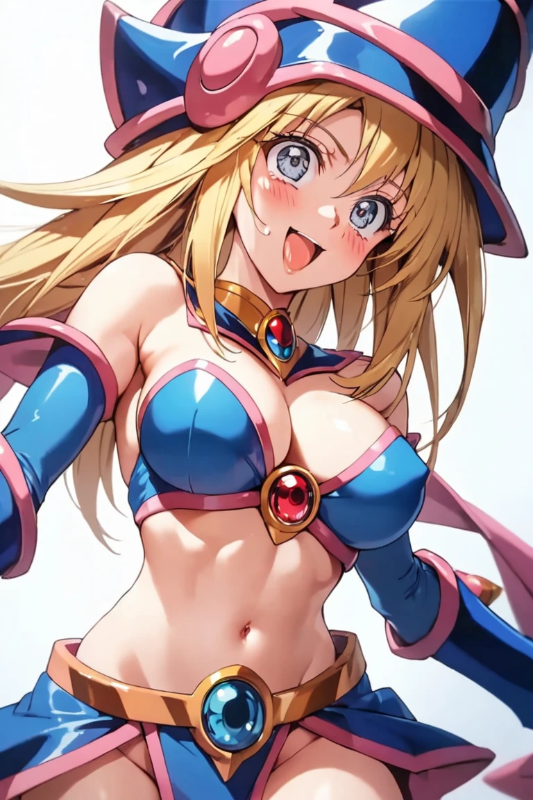 masterpiece, Best Quality, High resolution,16k,official art,super detailed skin,detailed,animated painting,(dark magician girl),1990s \(style\),(E-cup beautiful breasts)、 (tall:1.2),height: 175cm,Fashion model body type、clevage, Sexy long legs,dark magician girl costume,underboob,Abdominal muscles、, blondy、blue eyes,Muscular、1girl,solo,nsfw,sexy,smile,shy,blush,(vulgarity:1.3)、(Ahegao:1.3),Anime-style painting style,Close up on upper body,Cinematic lighting,Superfine,Seductively Posing,dynamic angle,extreme closeup shot,simple white background,Sweating all over the body,