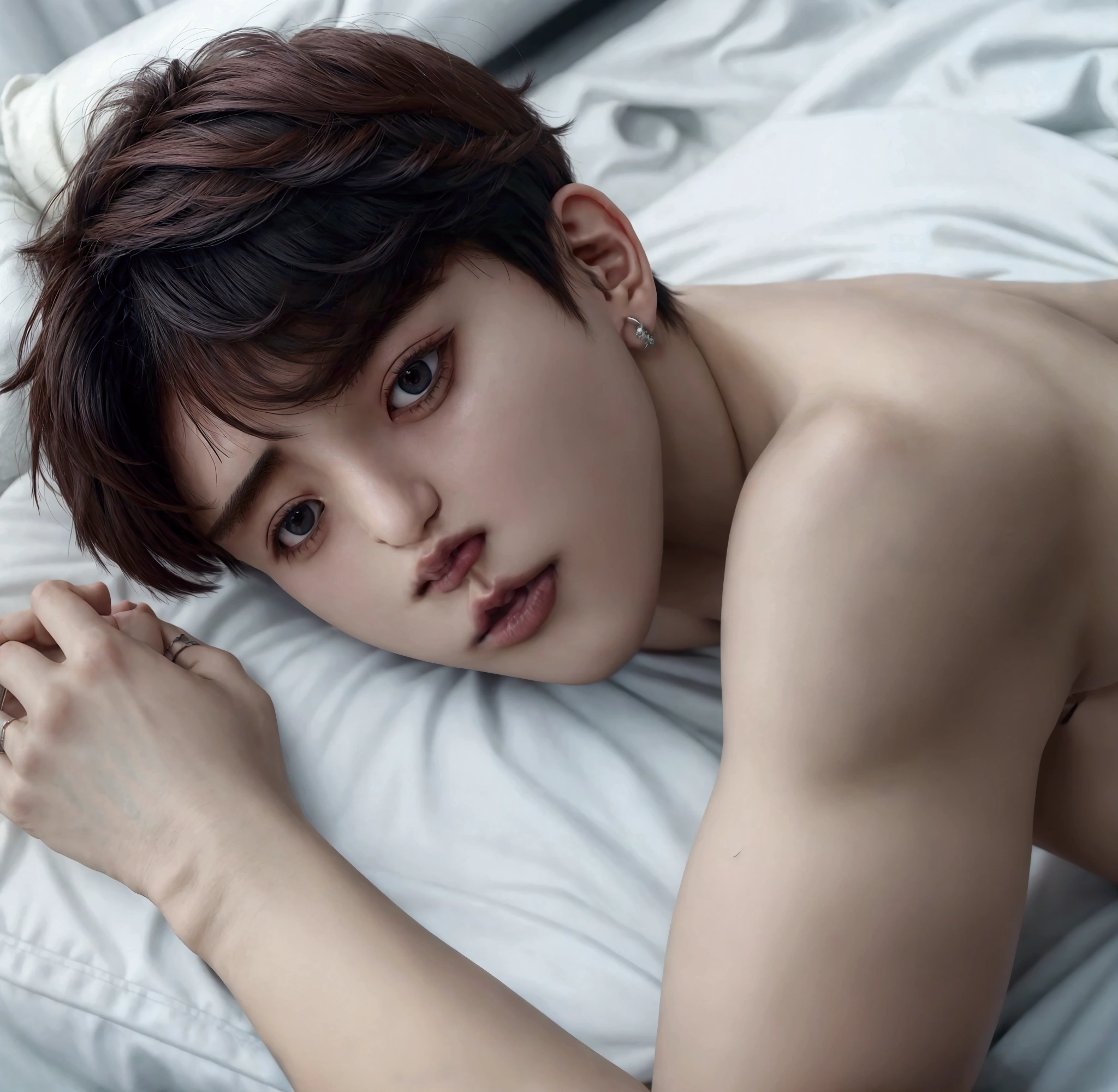 Libido boy,18yr old,R18,Lie down in bed,Gray thong,white bed sheet,short detailed hair,Excitation,Abdominal hair,Titillating,Dense hair,Masterpiece,8K, jeno nct