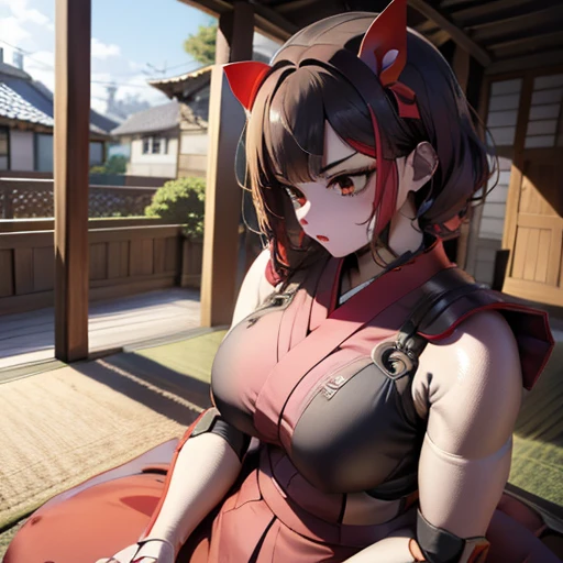 Mechanized body（Shoulder and elbow are ball joints），Big Breasts，（Cut the bangs straight），Bobbed hair， big red ribbon， black hair，Black Eyes，   kimono（red），A brown hand bag is placed nearby，Pale face，Don't turn your cheeks red，Inside the mansion，On the tatami，seiza， No Emotion，Red lips，Lifeless face， No Emotion，1 person， under the blue sky，The lighting is bright，My chest is exposed， indecent poses