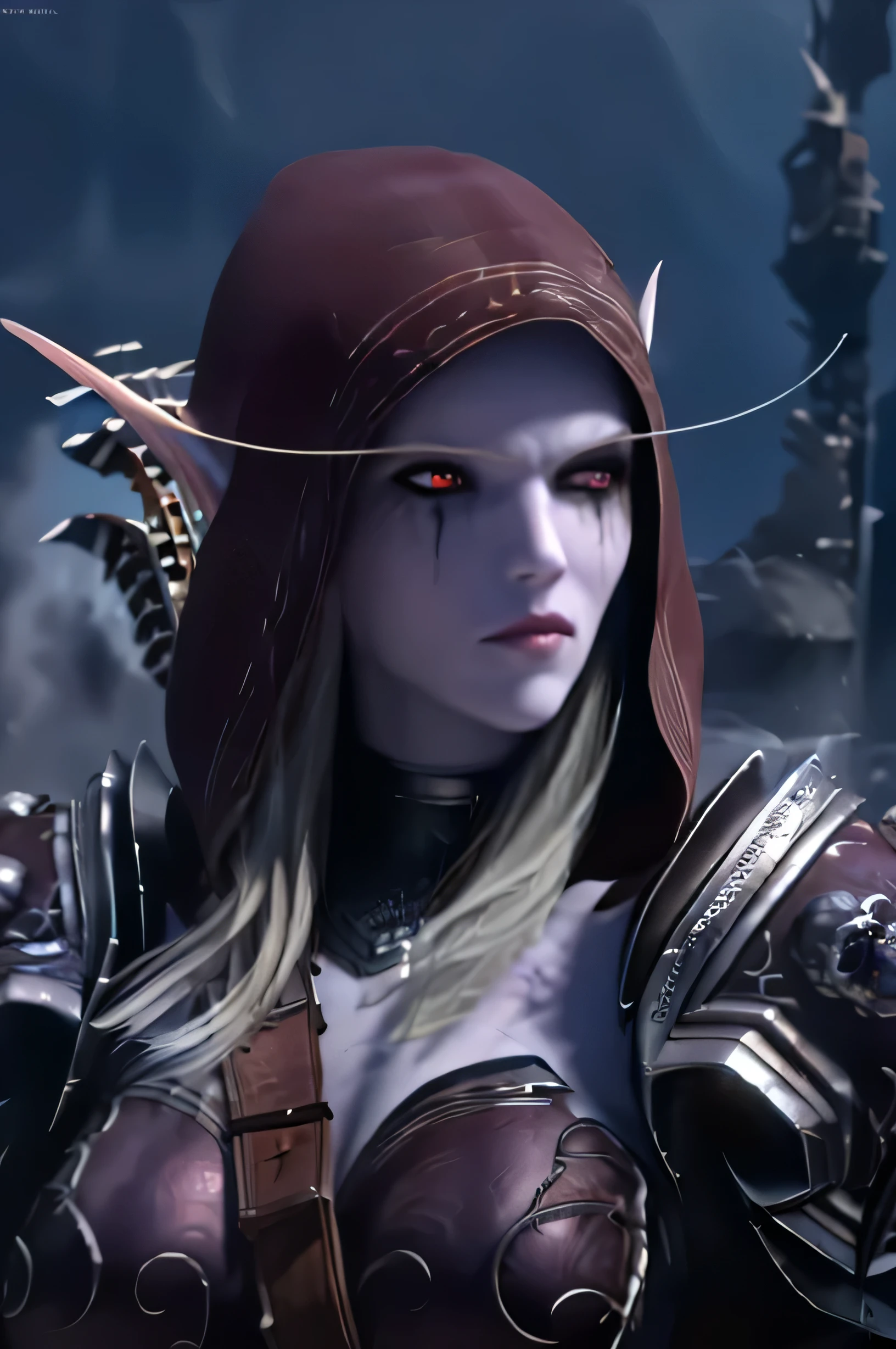 realistic, realism, photorealism, photo-realistic, high contrast, (photorealistic:1.4), 8k high definition detailed realistic, (best quality, masterpiece:1.2), NSFW,  photon mapping, radiosity, physically-based rendering, best quality, highly detailed,sylvanasw, elf, elf ear, hood up, full body, looks at the viwer, red eyes,