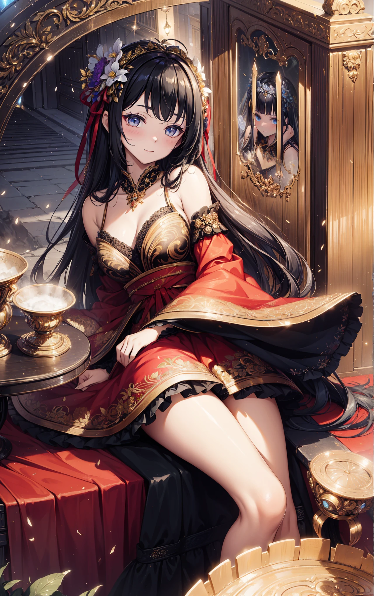 masterpiece,  Best quality,  high resolution, With 1,  gorgeous gold lace ruffle dress, Beautiful little metal headdress ， shining eyes, thigh, False eyelashes, Lovely atmosphere, Straight Hair,  Black ribbon on the head,   Many flowers around,